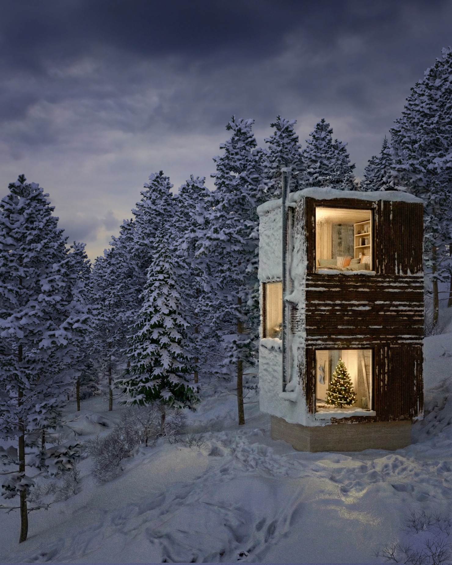 Exterior view of the compact three-storey High Country Shelter glowing from within among snow-covered trees.