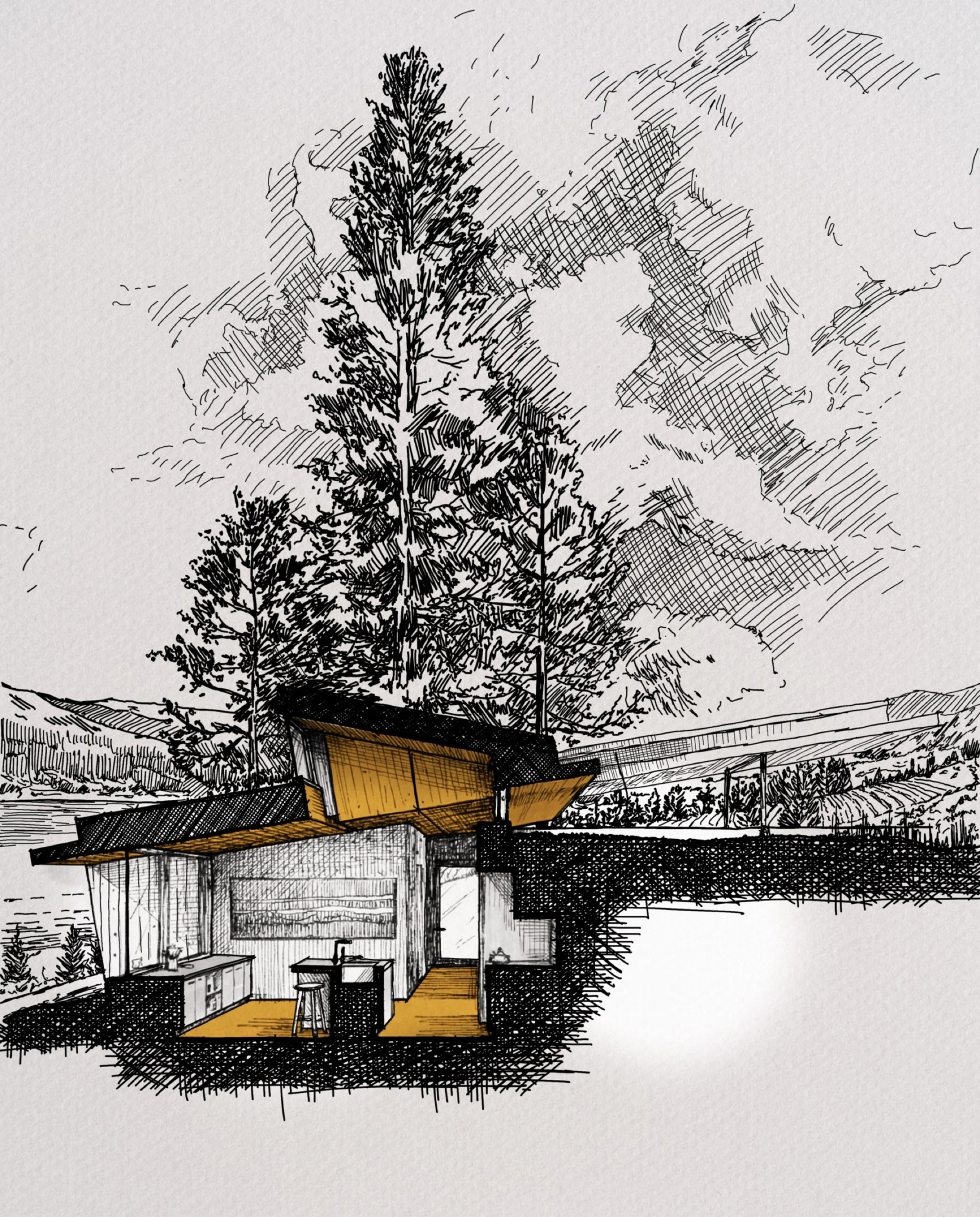 Architectural concept sketch of the hillside house, with the main living space highlighted beneath the roof.