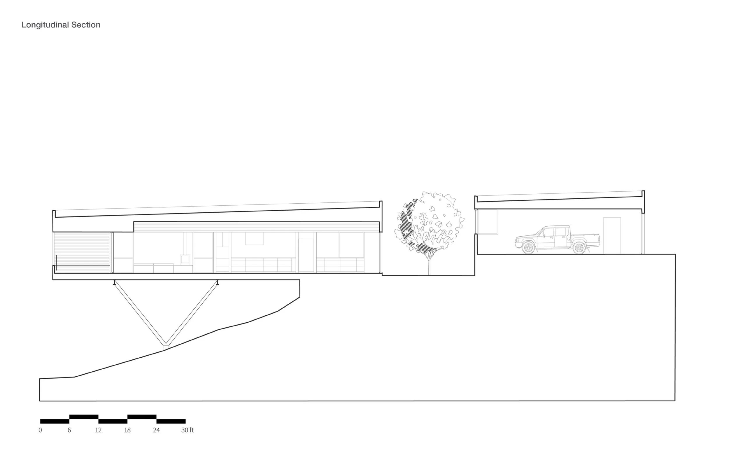 long section through the kinglet perch house showing the structure and upper courtyard