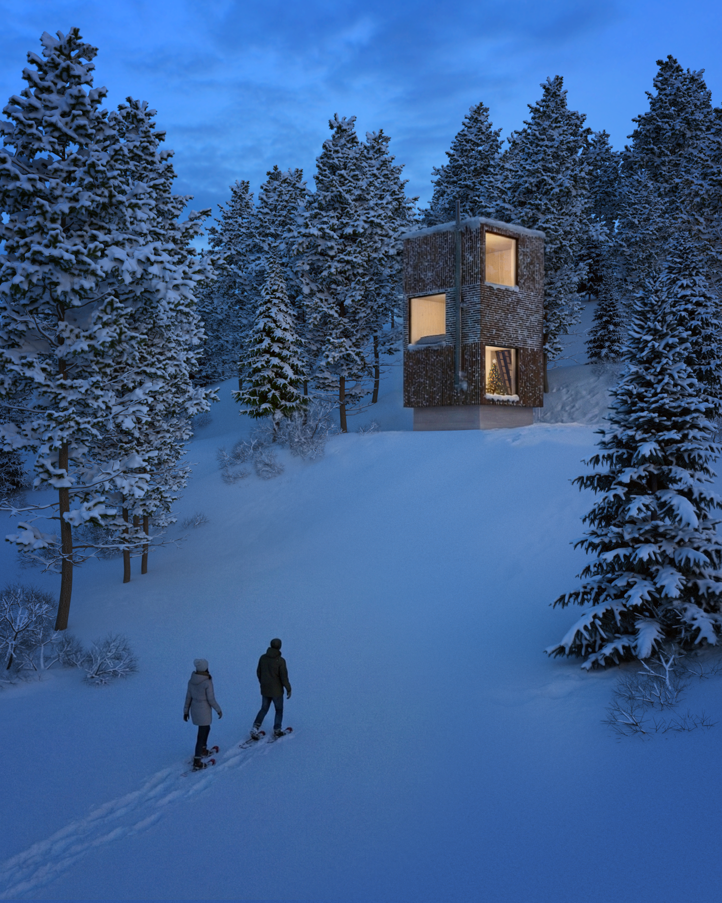 Two people approach the High Country Shelter on skis through a snow-covered forest at dusk.
