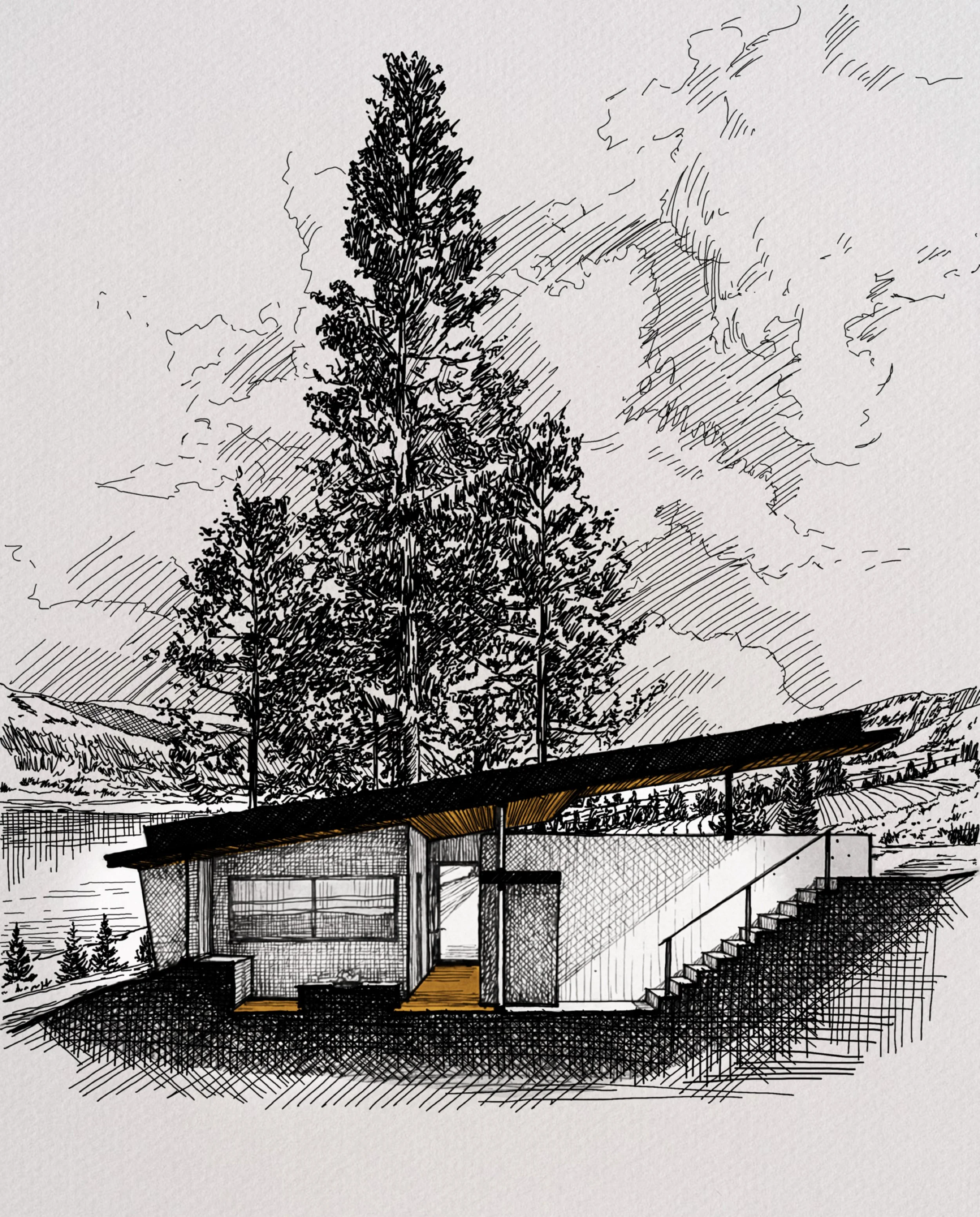 Architectural concept sketch of a low house set into a steep, treed hillside beneath a broad overhanging roof.