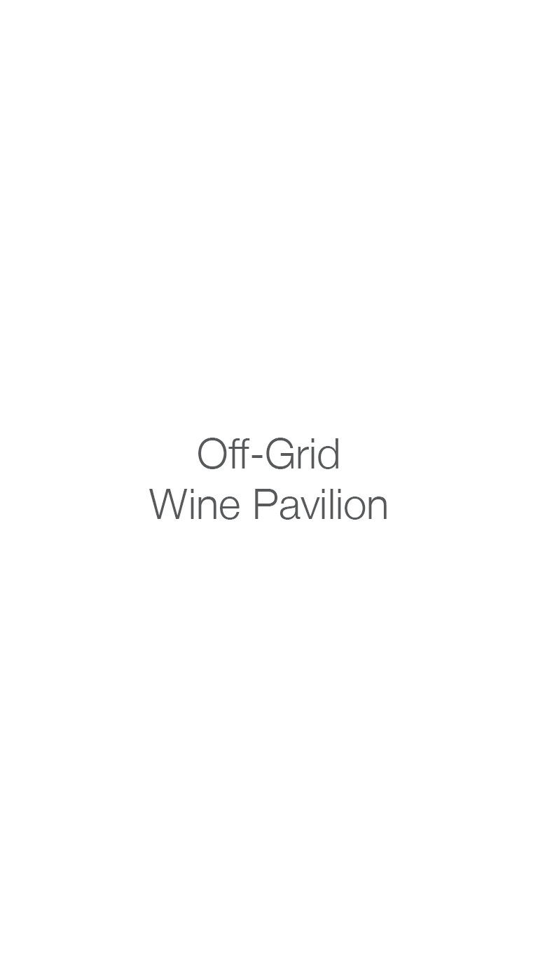 A white sign with gray text reading 'Off-Grid Wine Pavilion'.