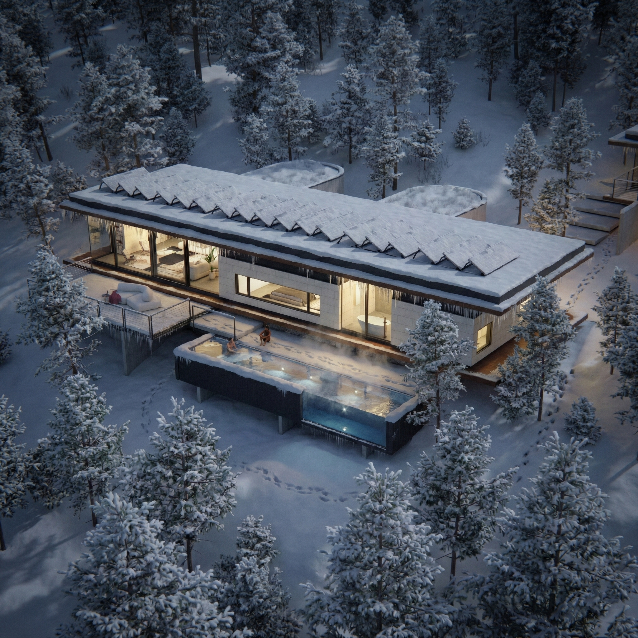 Snow-covered house among pine trees, with a long glazed living space overlooking the steep winter landscape.