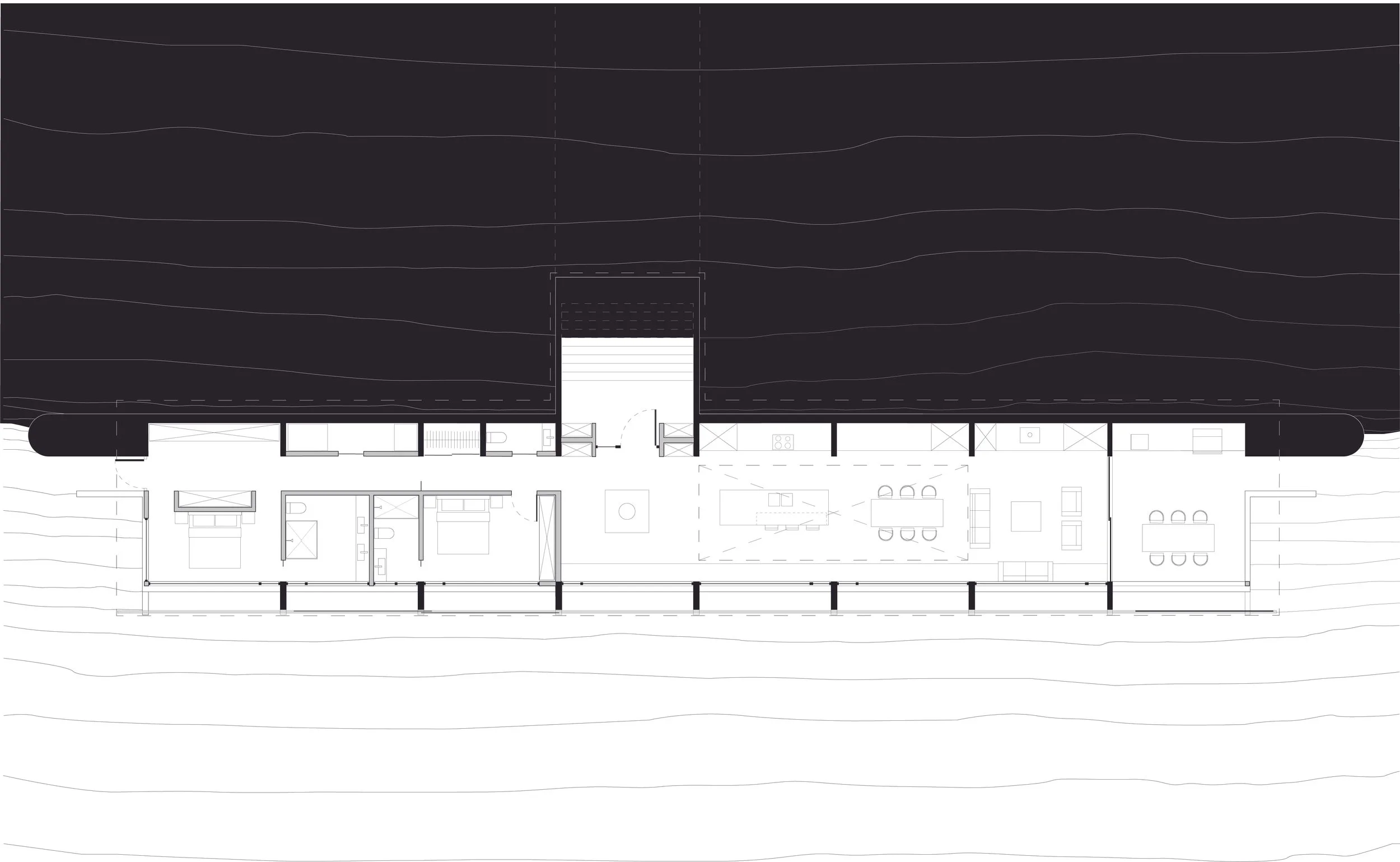 Architectural plan showing the house embedded into the sloping hillside, with the building footprint following the site contours.