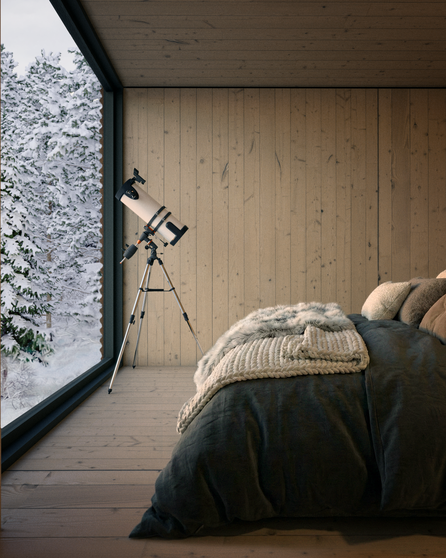 Sleeping space with a large corner window overlooking the snow-covered forest and a telescope beside the bed.