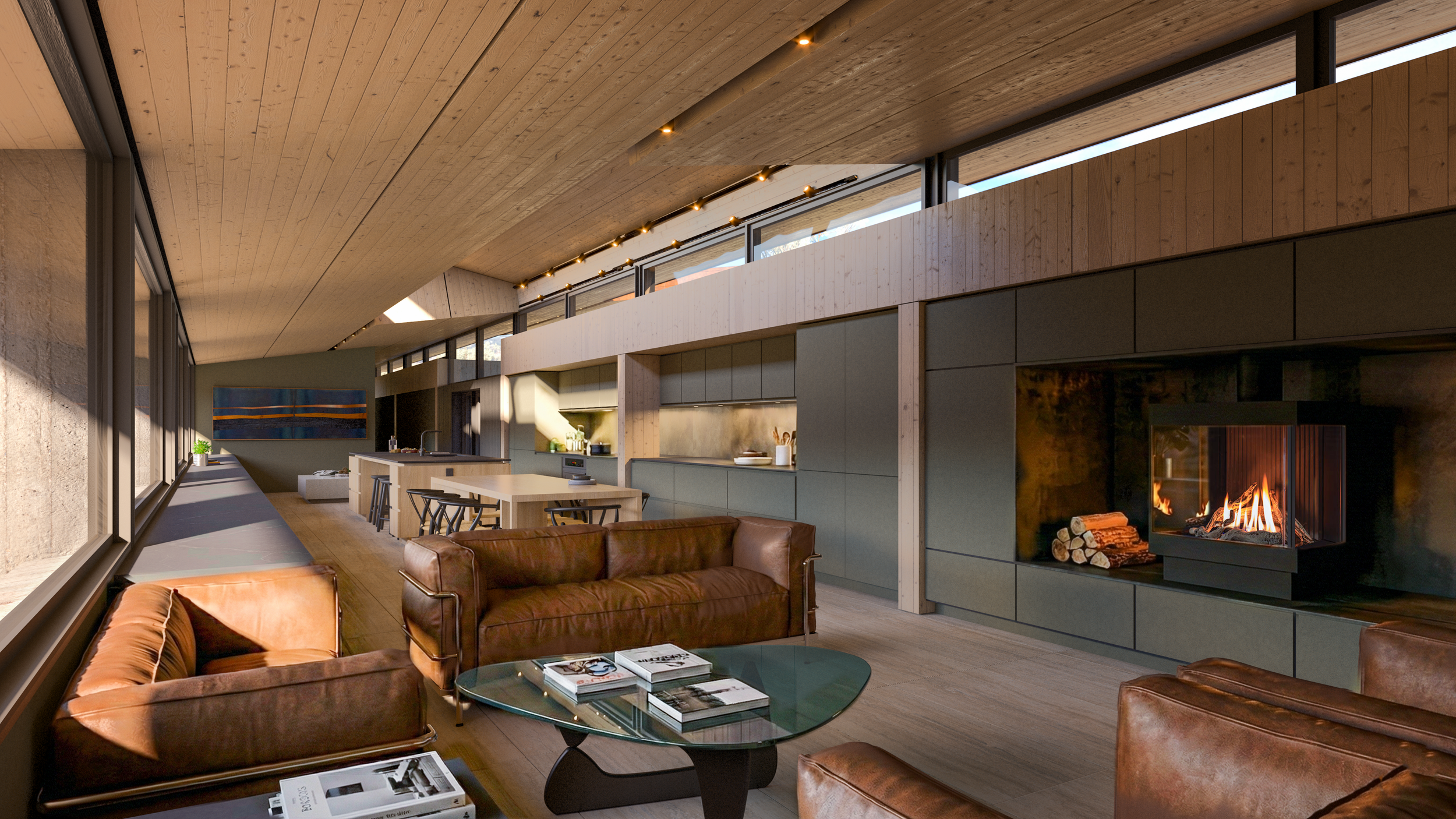 Open living and kitchen space with a wood-lined ceiling, full-height glazing, leather seating and a fireplace.