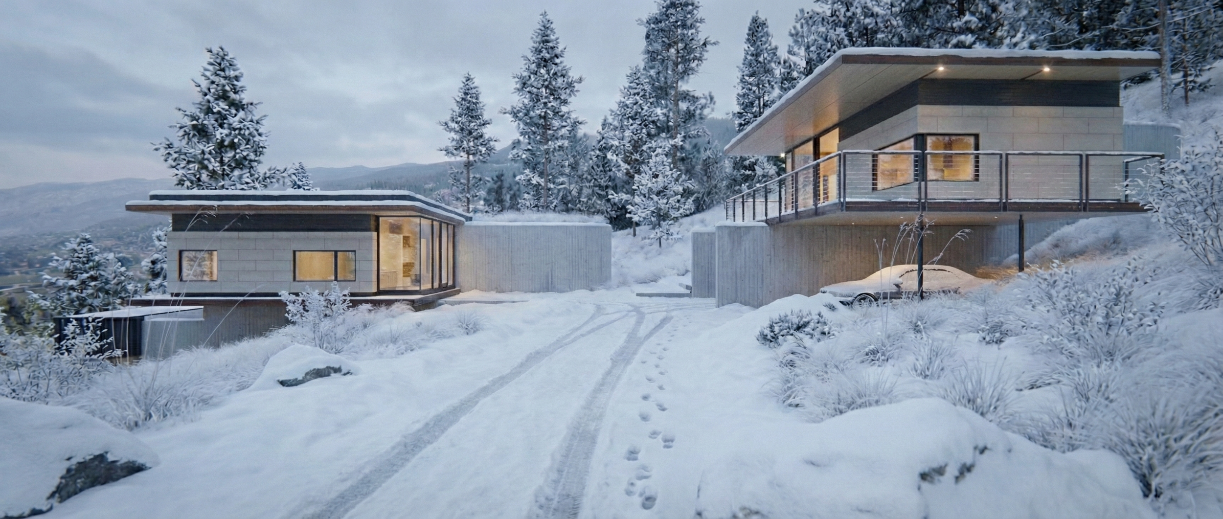 House in a deep winter landscape, with broad glazing and exterior lights against snow-covered trees and mountains.