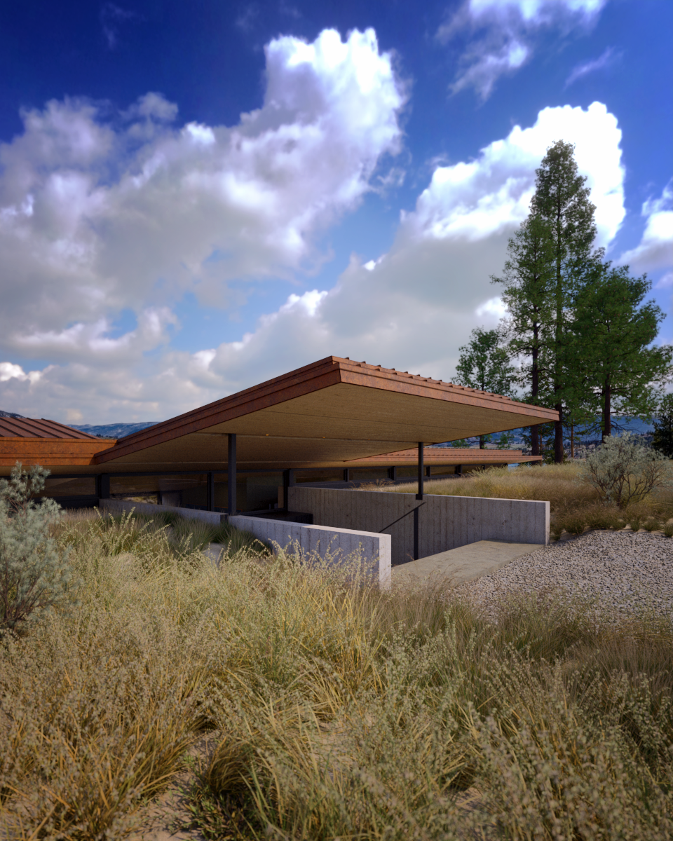 A modern house with a flat, sloped roof in a desert landscape, surrounded by dry grasses and a couple of tall pine trees, under a partly cloudy sky.