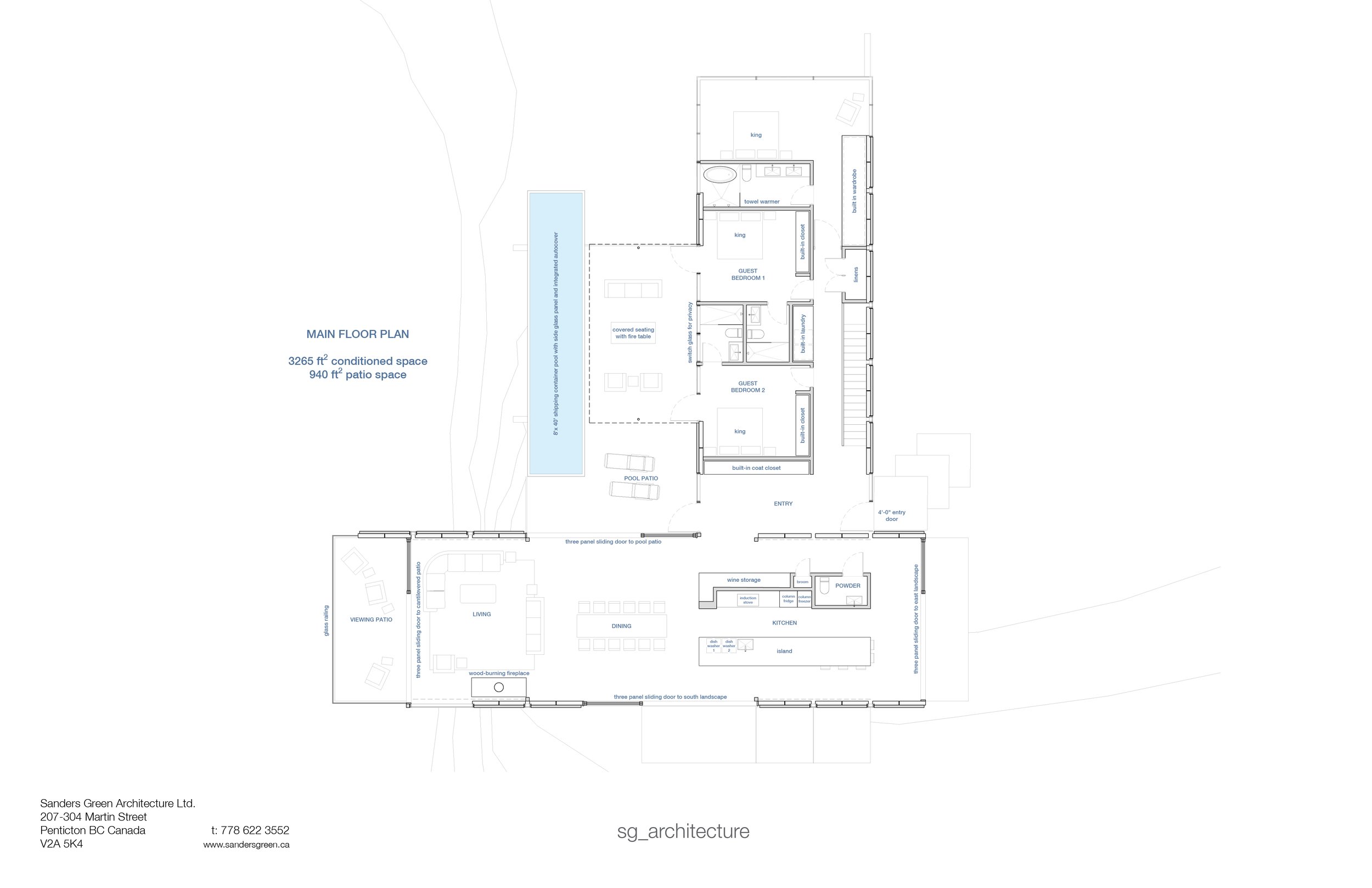 Main floor plan showing the bedroom wing following the ridge and the living wing extending across the slope toward the lake.