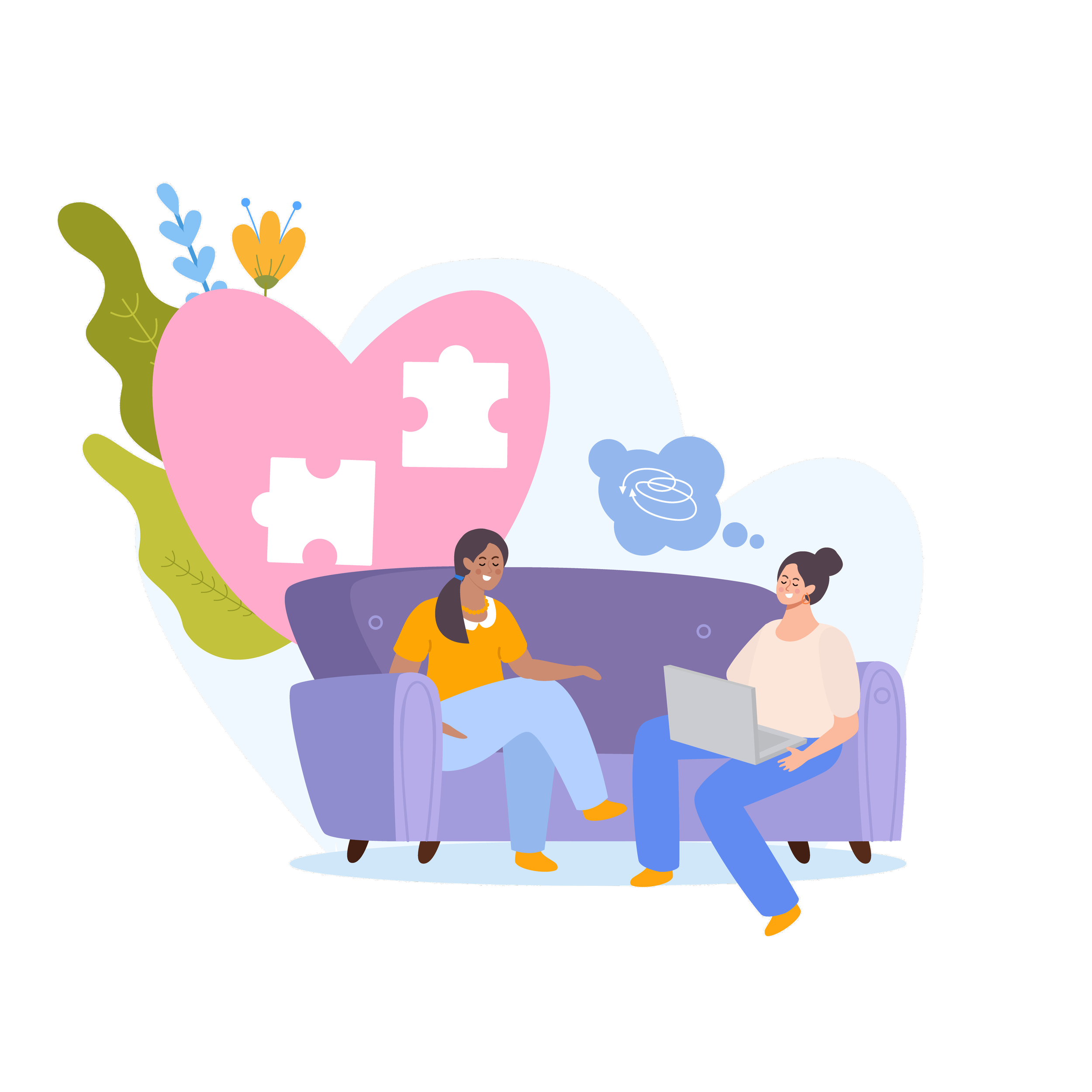Therapist and patient sitting on a purple sofa, engaging in a conversation about mental health and relationships, with a pink heart and puzzle pieces behind them, and a thought bubble showing wedding rings.