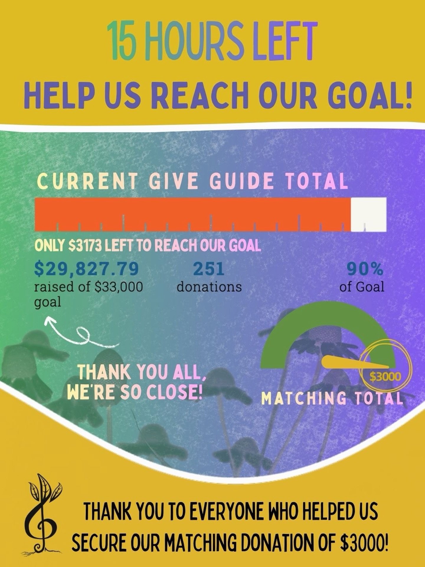 There are just 15 hours left in our Give Guide campaign, and we are truly in awe of your support! Not only have we met our $3,000 match, we&rsquo;re also just $3,173 away from reaching our goal of $33,000. 

You all are amazing!😍

This is the final 