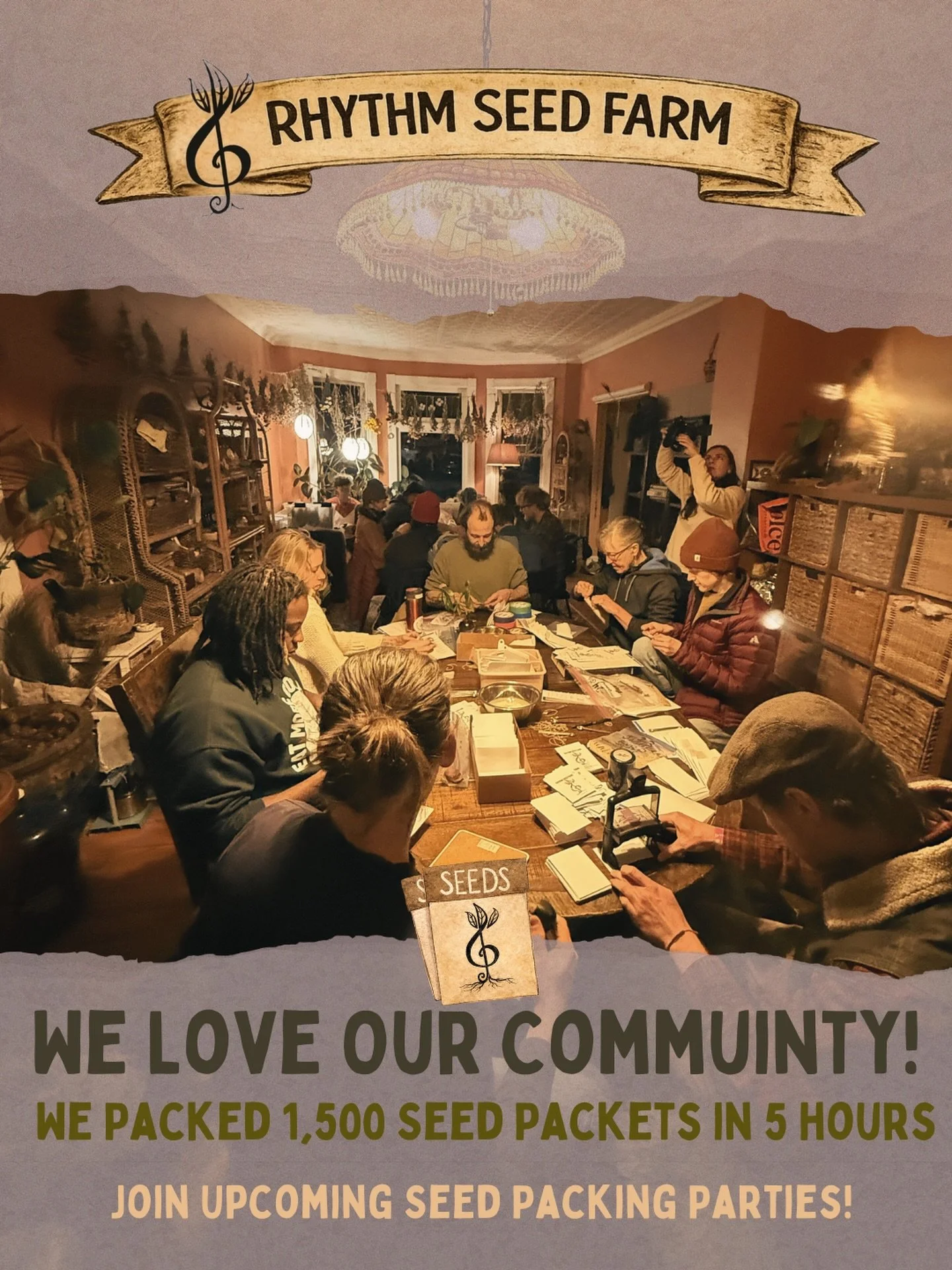 Our first seed packing session of the season was incredible &mdash; huge turnout, lots of fun, and 1,500 seed packets packed in 5 hours! 🌱

We have more seed packing parties coming up and would love your help. Come pack seeds, enjoy snacks and tunes
