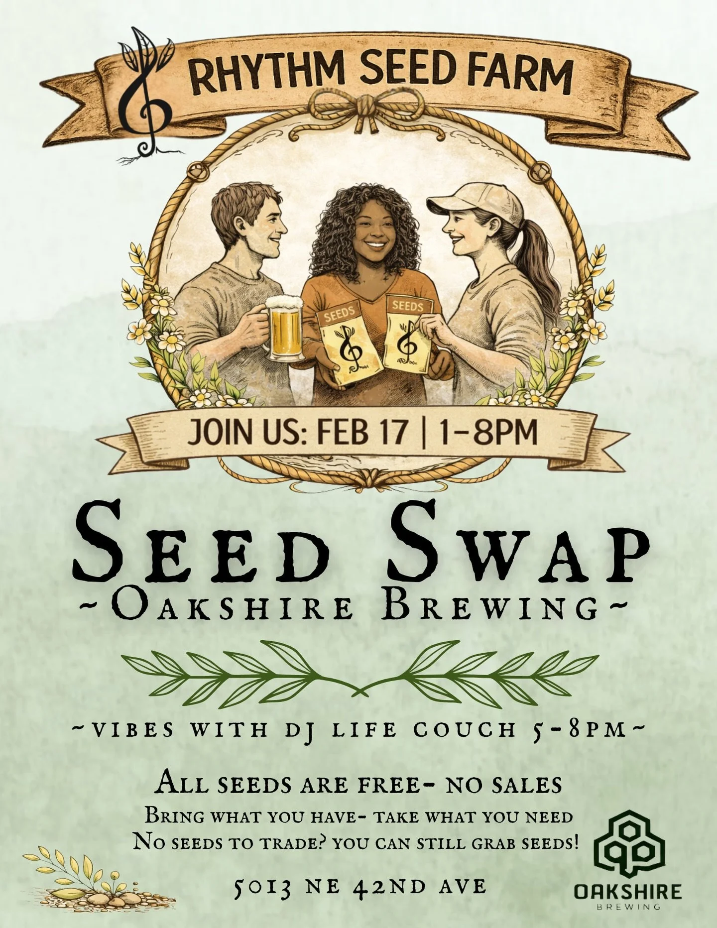🌱 Seed Swap at Oakshire Brewing, Portland Beer Hall 
Feb 17 | 1&ndash;8 pm
 (5-8pm DJ Life Couch will be doing a live set) 💗

Bring seeds to share &mdash; or just show up and take seeds home!

There will be plenty to go around.

No seeds to trade? 