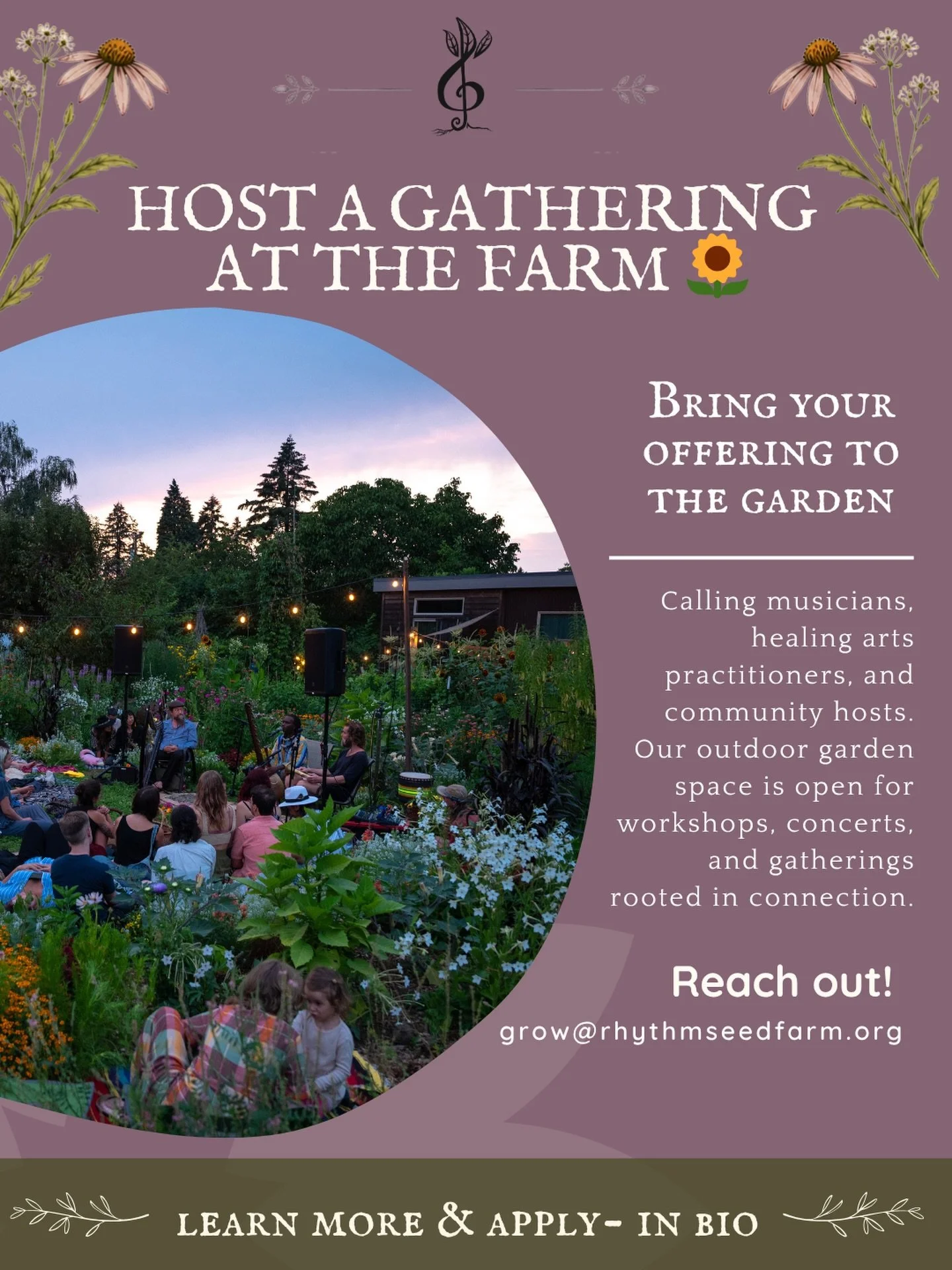 We&rsquo;re opening up our Garden Gathering Space for the 2026 season 🌿

We&rsquo;re inviting musicians, healing arts practitioners, artists, makers, creators, and gatherers to bring their offerings to the farm.

Last year was filled with some beaut
