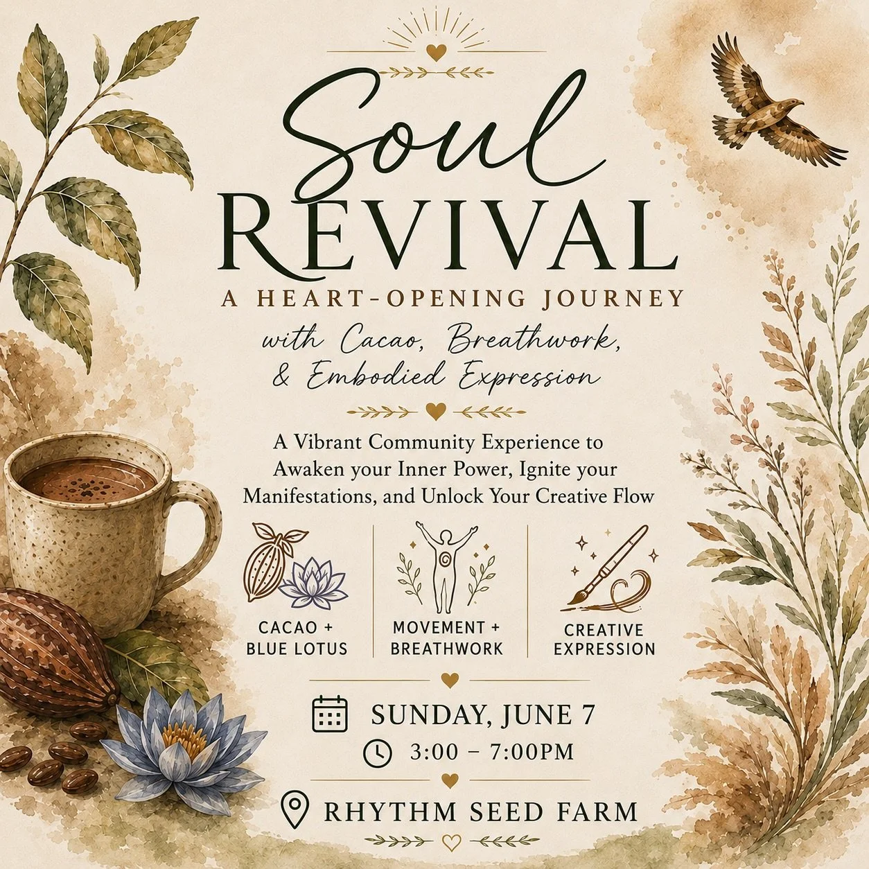 Join us for a joyful afternoon of connection, expression, and soulful renewal at the Soul Revival Gathering.&nbsp;🌺

We&rsquo;ll gather outdoors at the beautiful Rhythm Seed Farm for a vibrant community experience weaving together the medicines of c