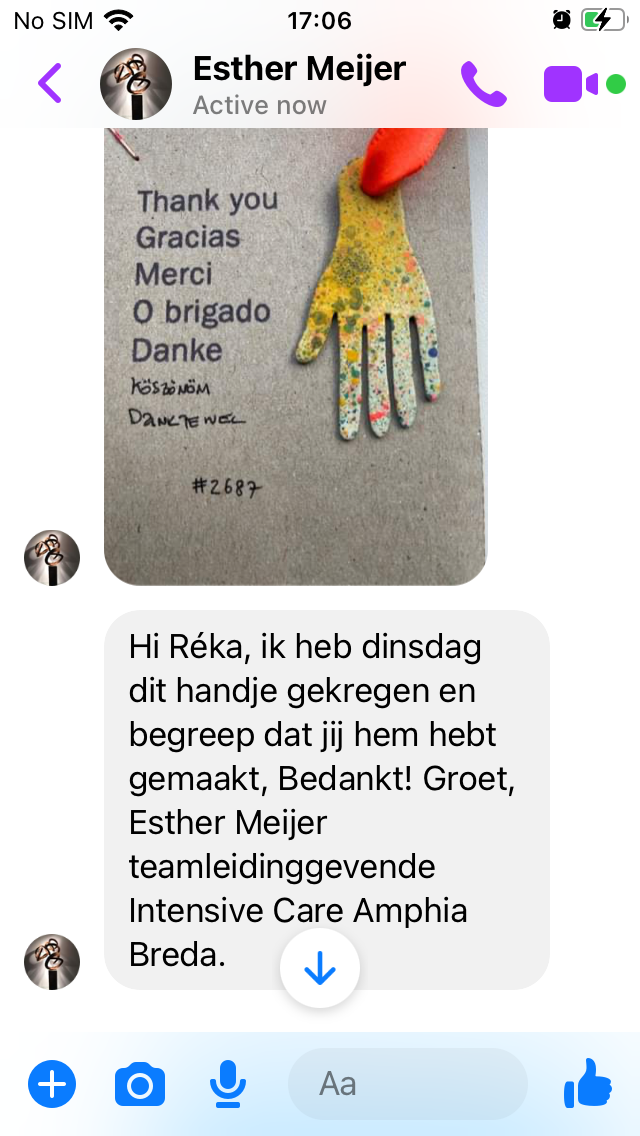 I was very touched to get a thank you note from Esther, one of the health care workers, who received one of the hands I made. I did not expect to hear anything as the whole project is not about the makers but the receivers, but still it was very nice