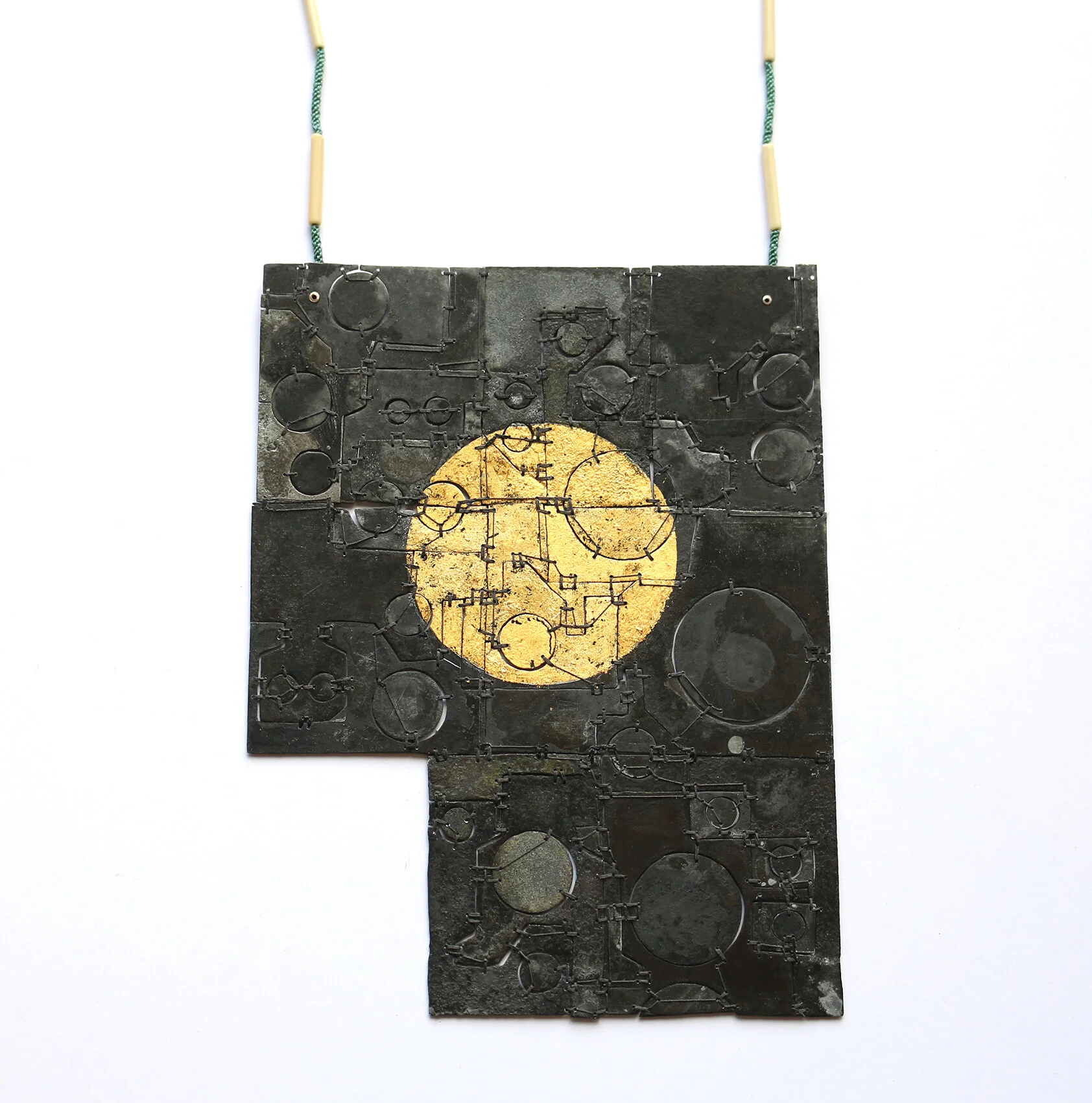Necklace - Materials: zinc, gold leaf, silk, Chienese beading rope, glass beads, silver, aluminium. Size: A/5 - private collection