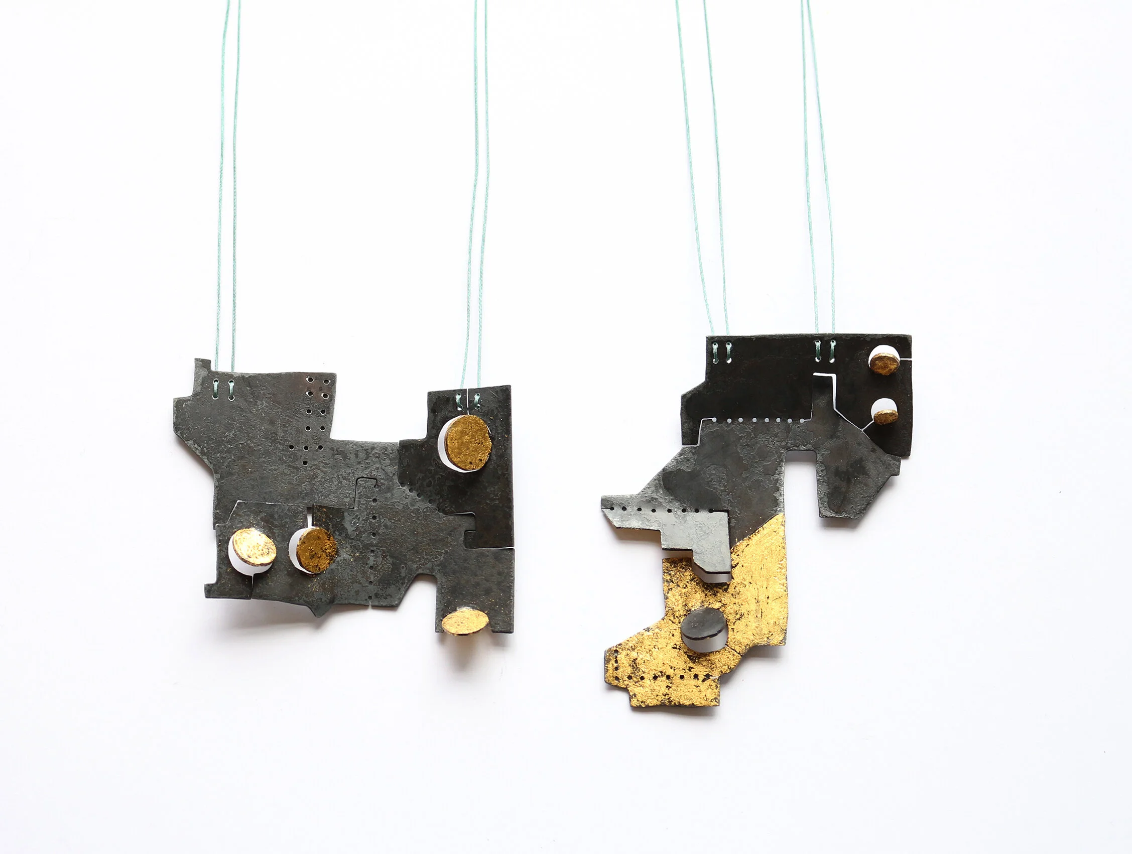 Hangers - Materials: zinc, gold leaf, Chinese beading rope.