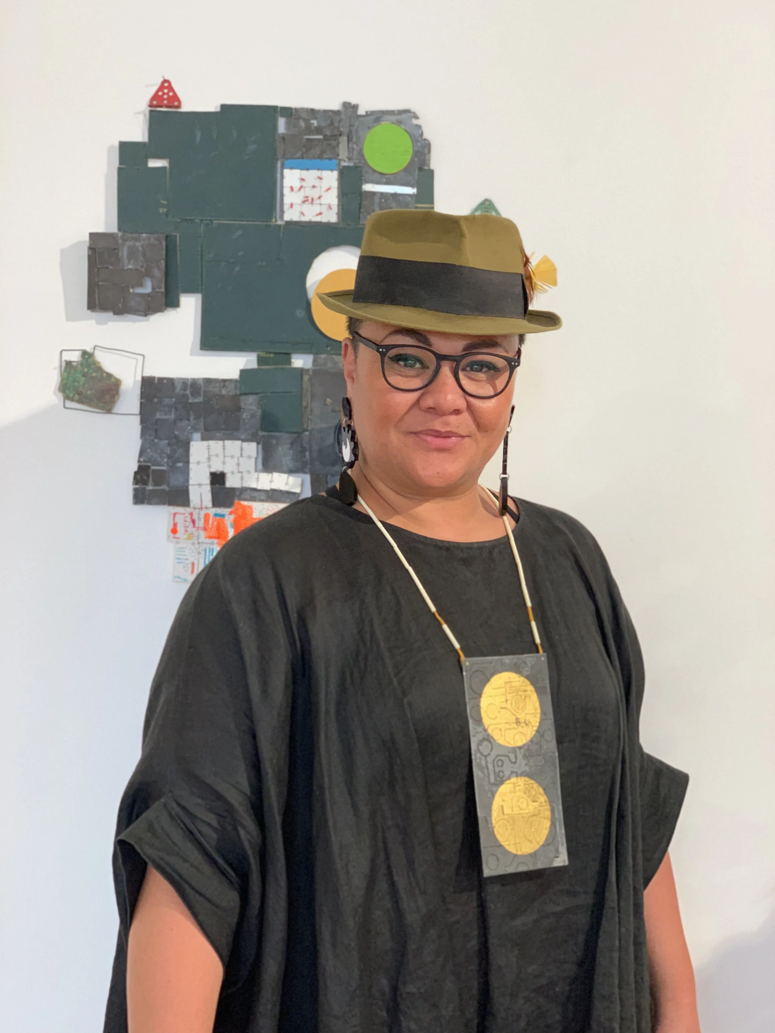 Beautiful @fealofani.elisara is wearing one of my necklaces. Behind her the Wall Object 'Portrait' at Courtesy of the Artist in Sydney, Australia in 2018