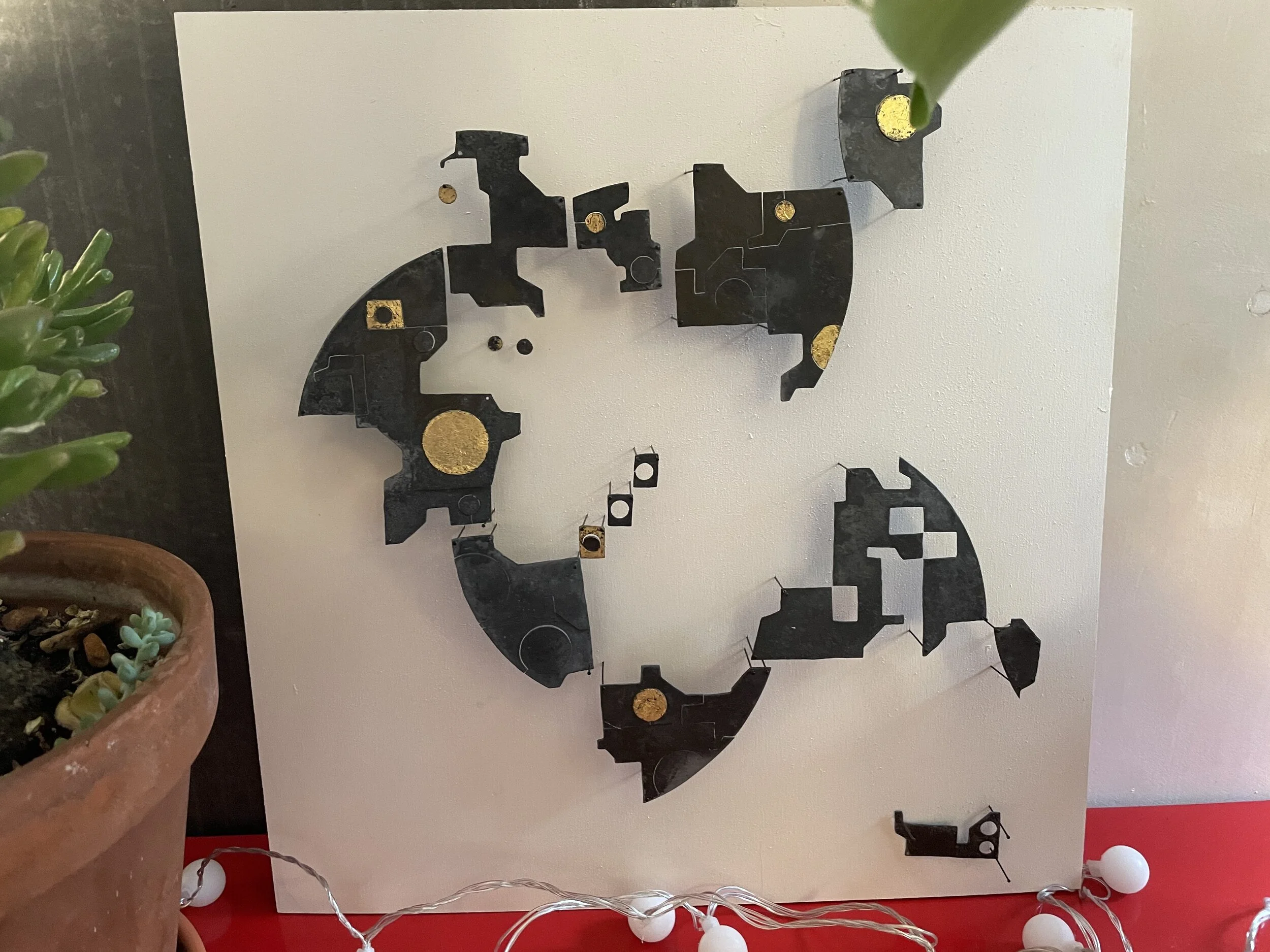 Materials: zinc, gold leaf, steel pins - better images to come :) 