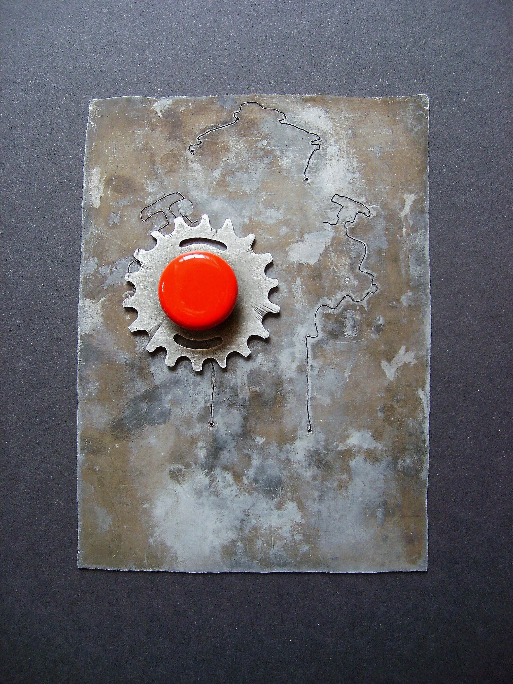 Turn Me On 'Nr 12' - Materials:  etched zinc, found object, paint, push pin - sold 