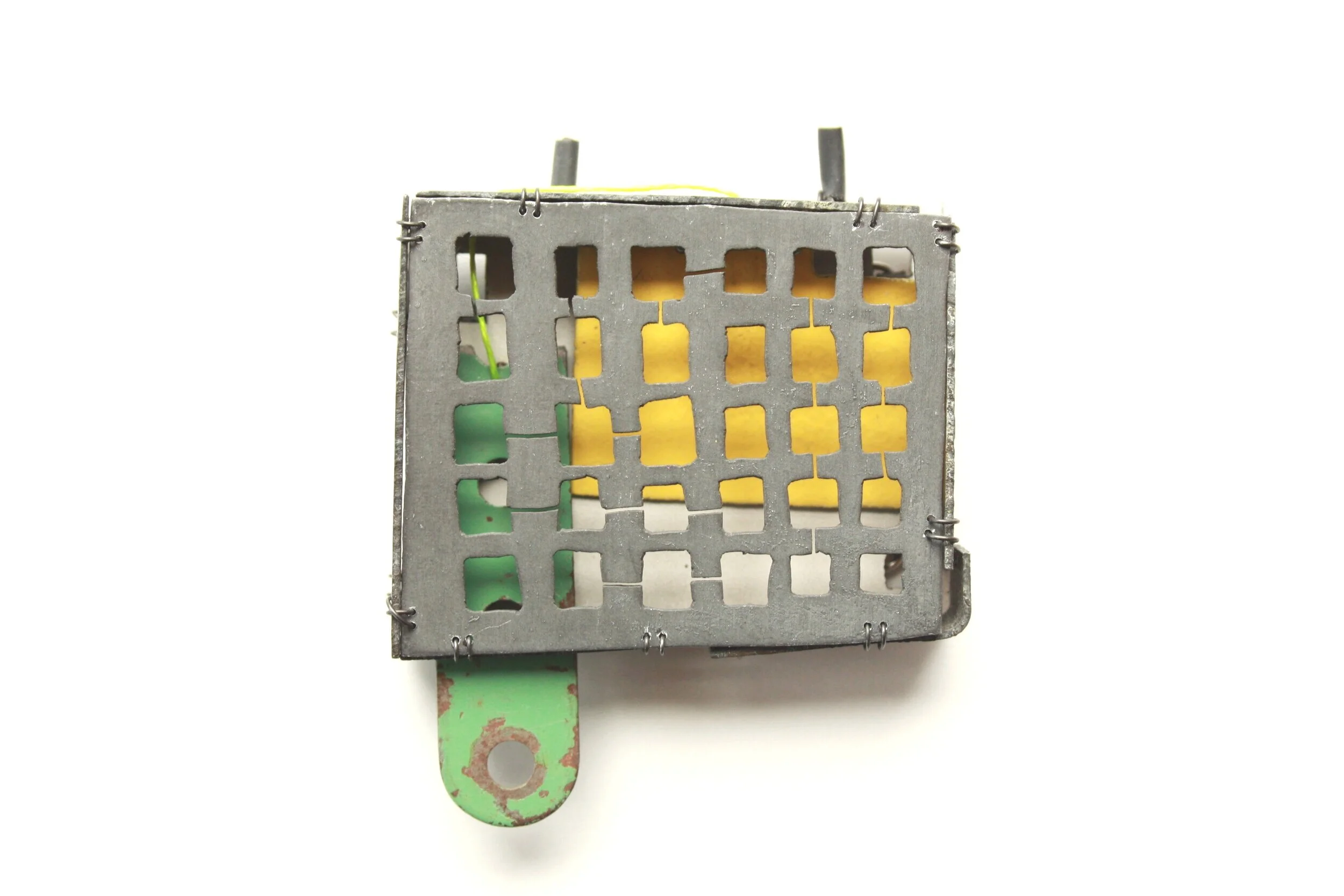 #829 - Kinetic Brooch - Materials: zinc, Meccano, paint, shrinking plastic, iron wire - sold