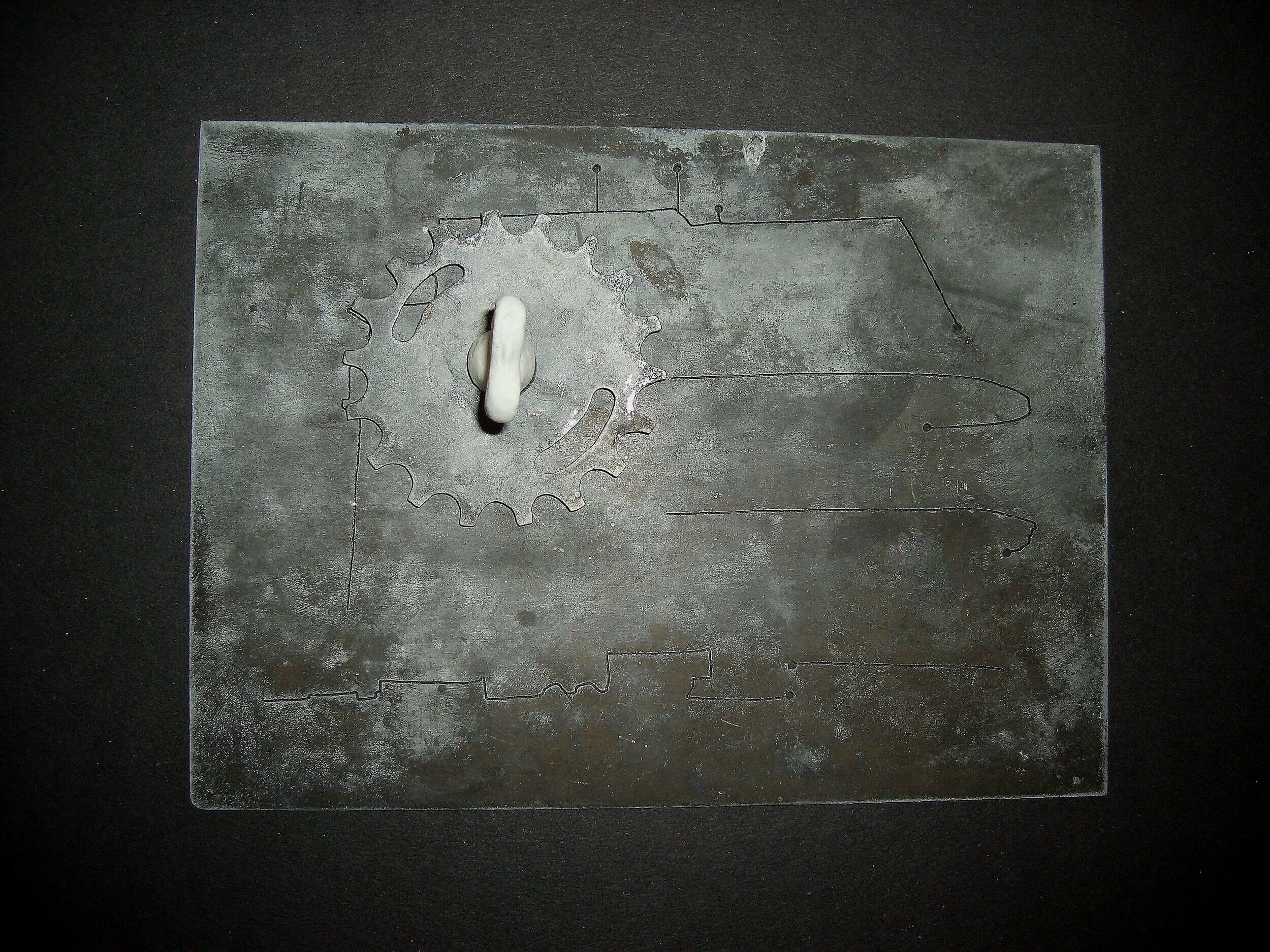 Turn Me On 'Nr 8- Materials:  etched zinc, porcelain object, push pin - sold 