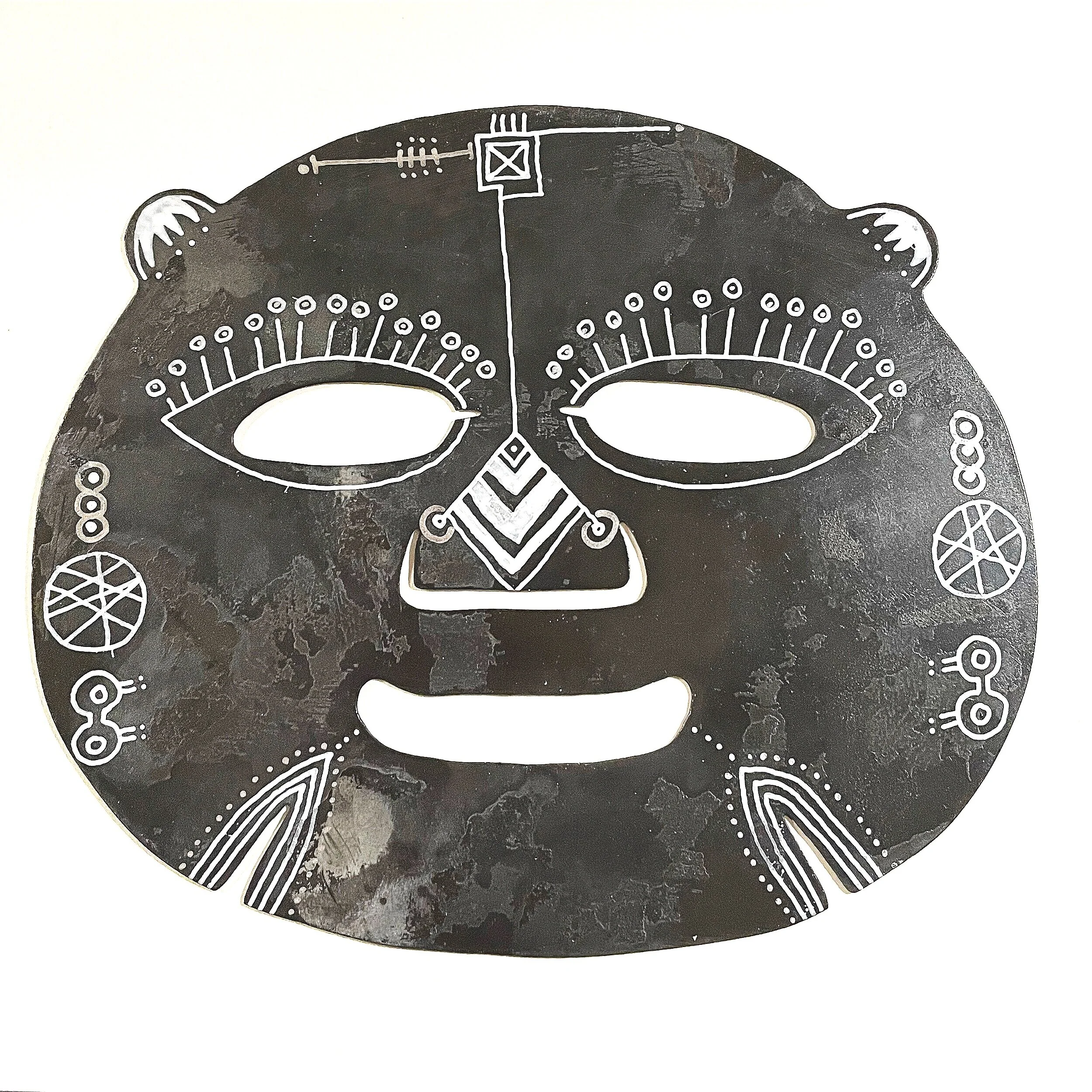 Mask - Materials: zinc, paint. Masks / hiding /showing keeping me busy and thinking. Do you identify with your looks? Does your inner world showing in how you represent yourself on the outside? How far is it a choice how you look? Our inner world ver