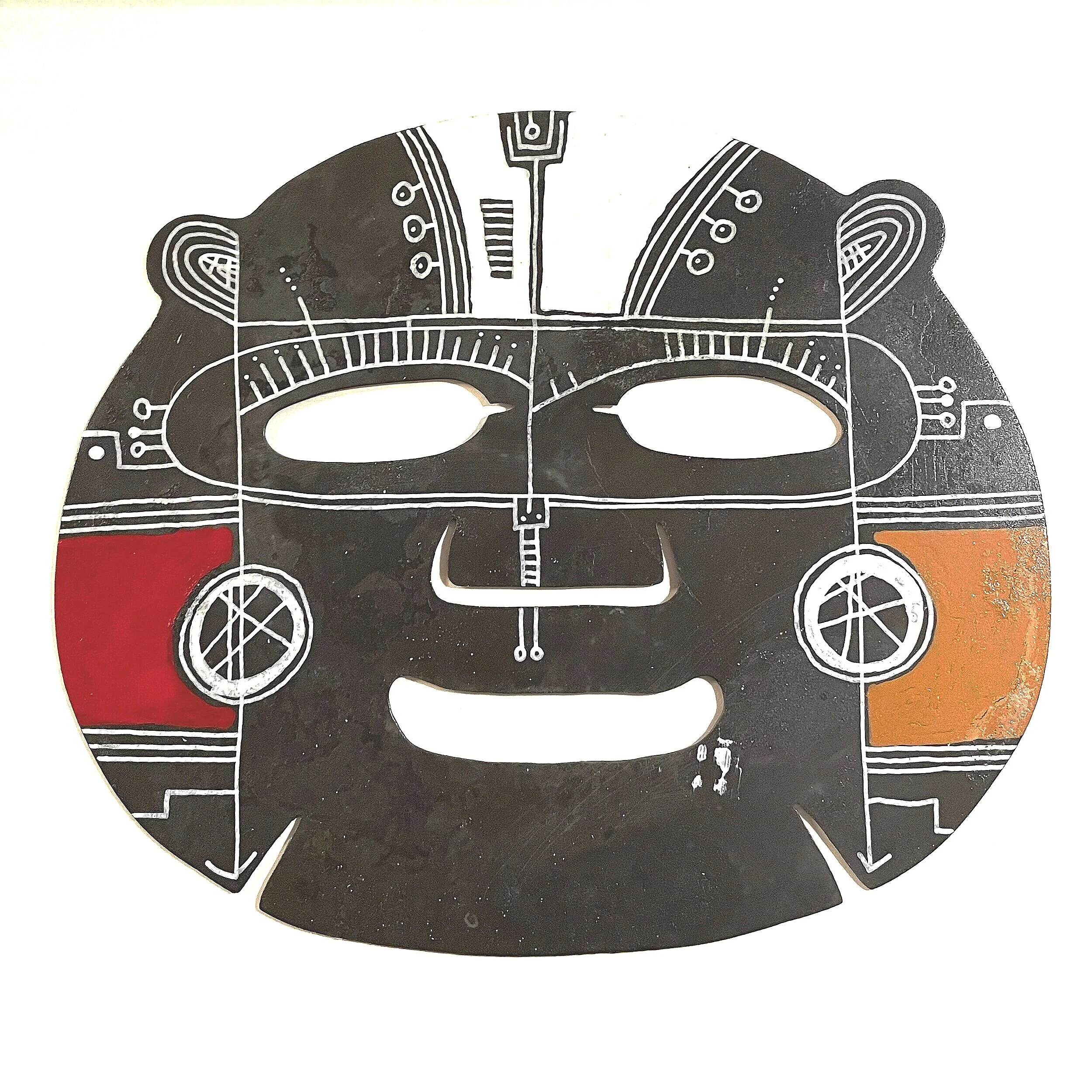 Mask - Materials: zinc, paint. Masks / hiding /showing keeping me busy and thinking. Do you identify with your looks? Does your inner world showing in how you represent yourself on the outside? How far is it a choice how you look? Our inner world ver