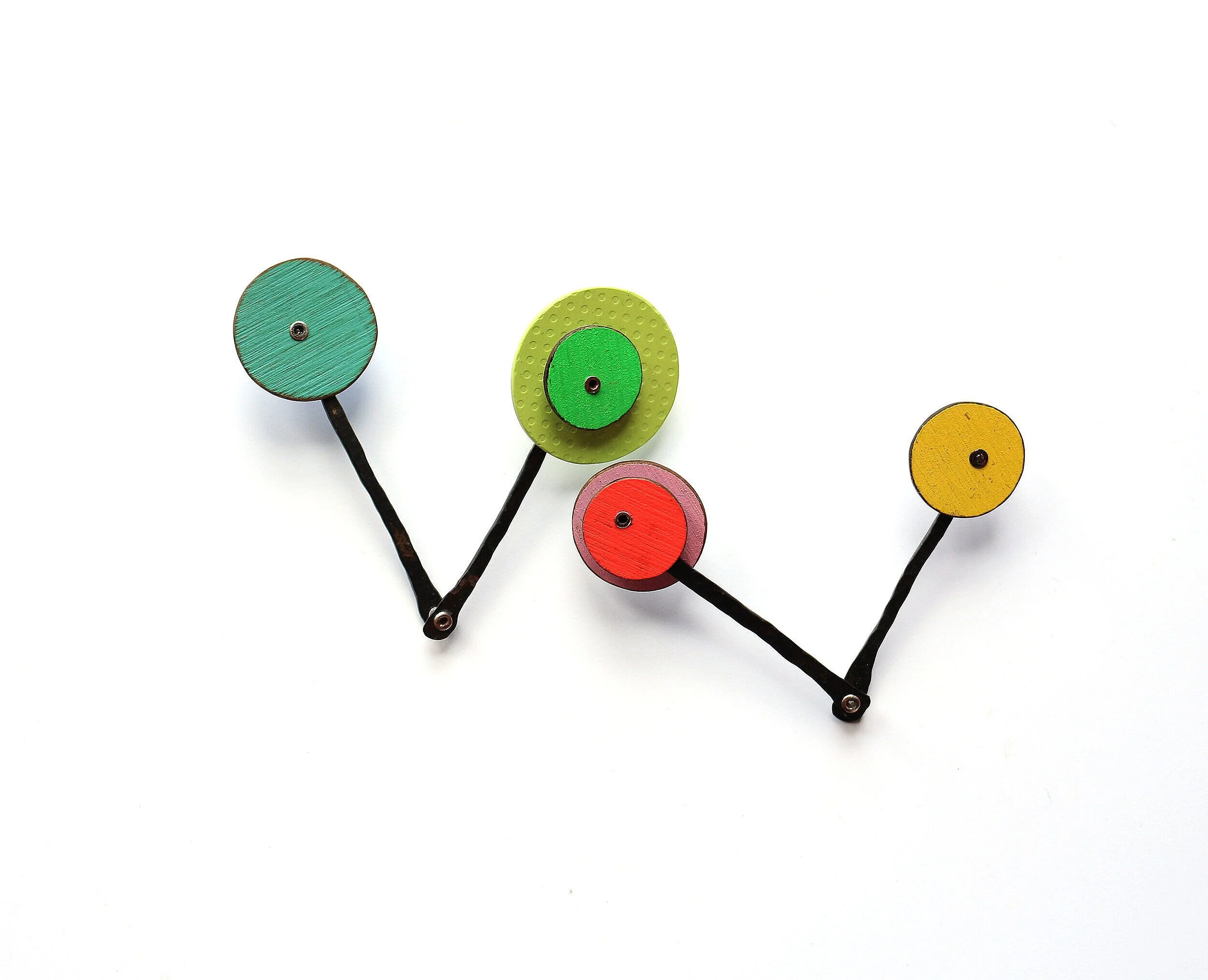 Two of de Multiple brooches 'Garden' - Materials: steel, silver, aluminium, laminate, paint - sold 