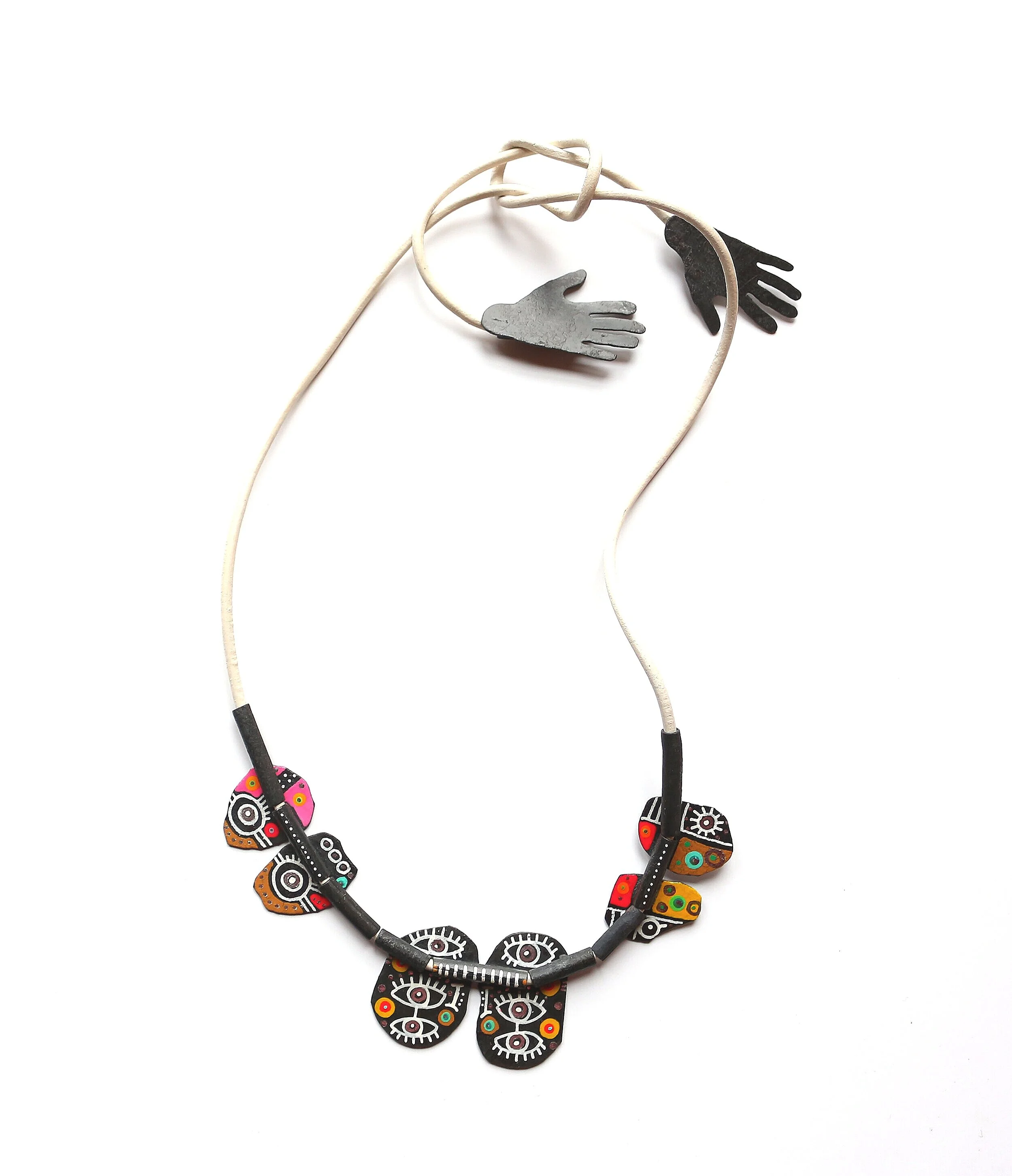 Family Portrait I. Two-sided necklace /side with 'what is on your mind'/ Materials: zinc, paint, leather rope.

I haven't been able to visit my family for over a year due to the pandemic. This necklace is a little hug from your family with the hands 
