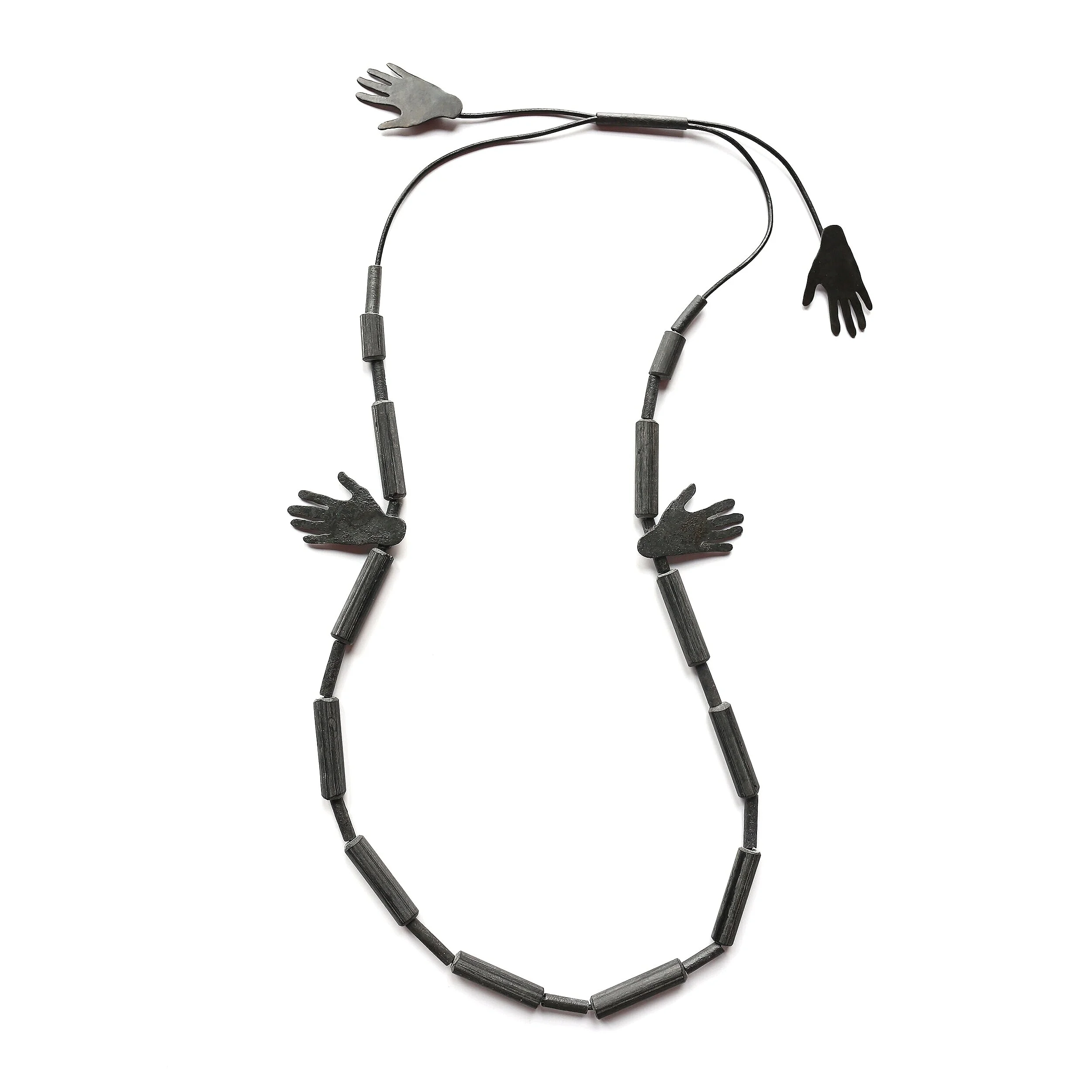 Hug I. - Necklace, 2021 - Materials: zinc, glass beads, leather rope - private collection 