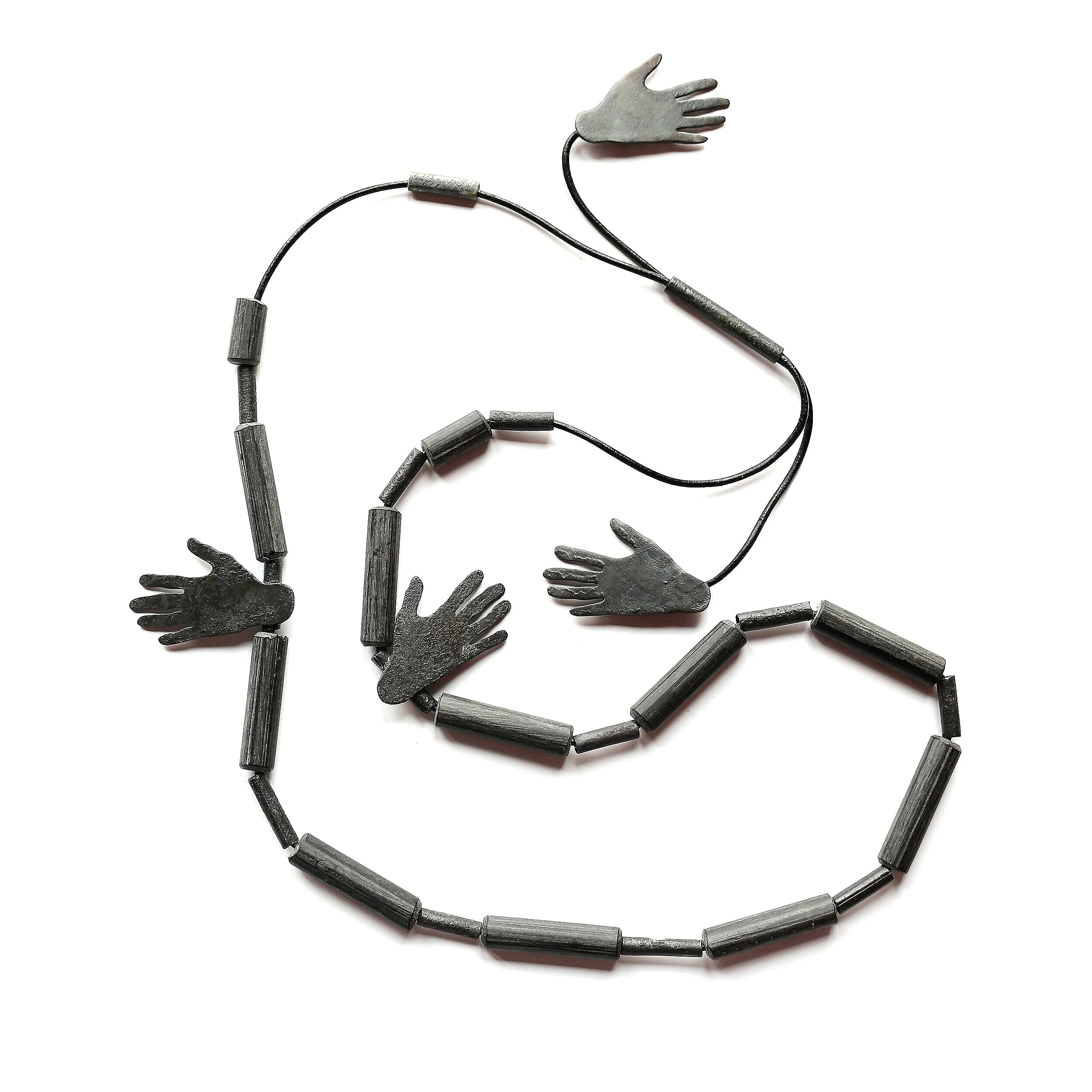 Hug I. - Necklace, 2021 - Materials: zinc, glass beads, leather rope