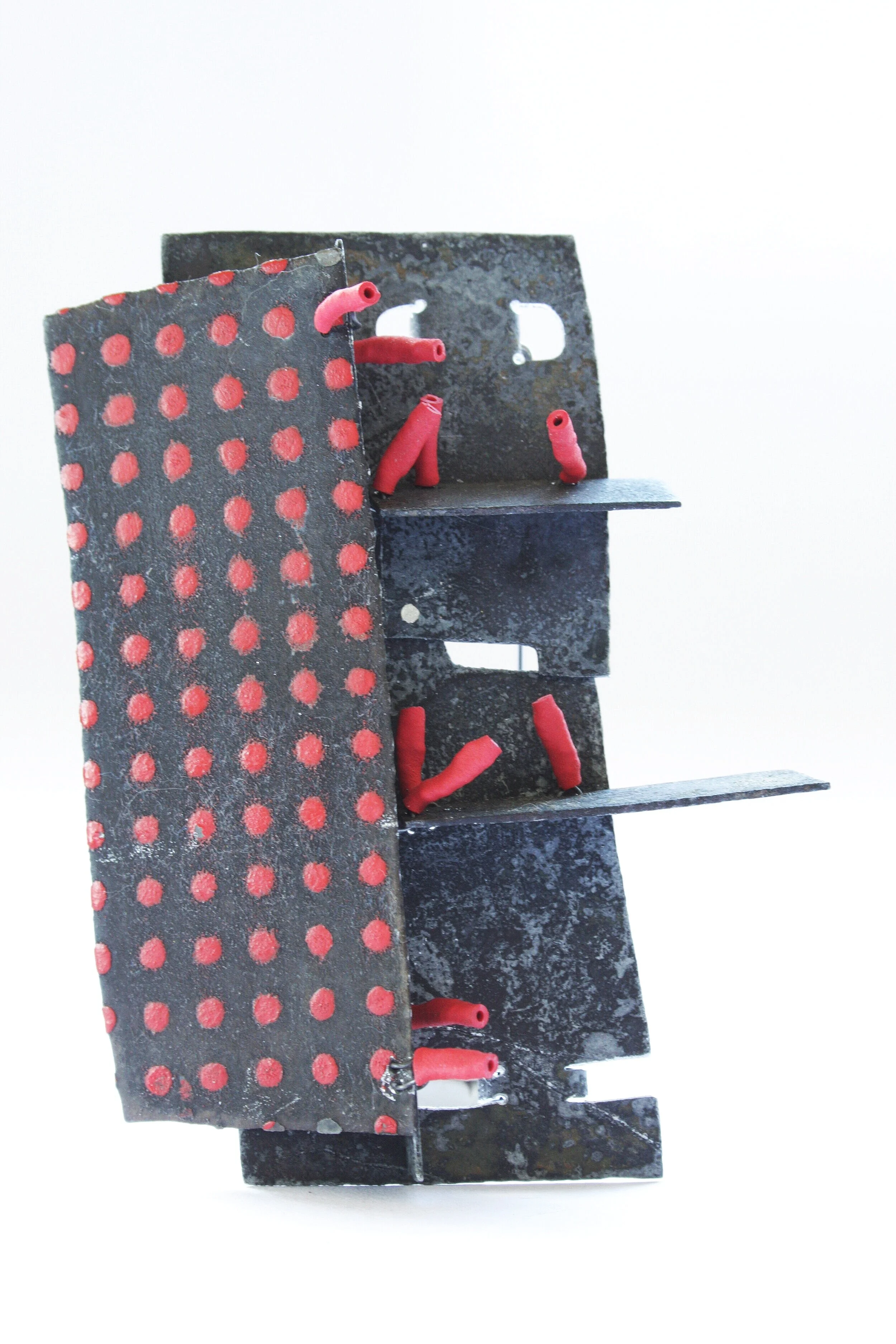 Three Story Apartment - Kinetic Brooch - Materials: zinc, paint, iron wire, silver, shrinking plastic