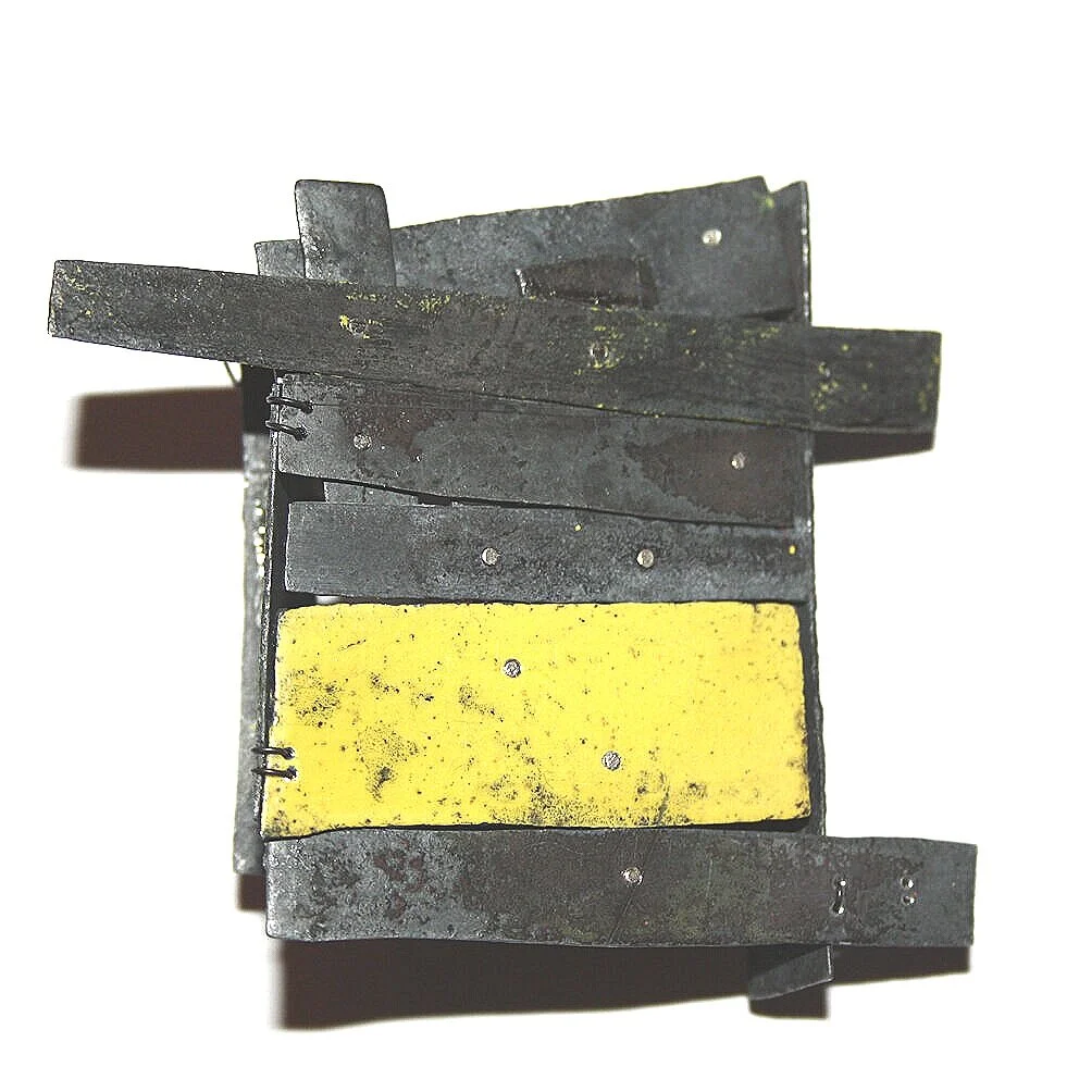 Yellow door - Kinetic Brooch - Materials: zinc, silver, iron wire, shrinking plastic, paint - sold