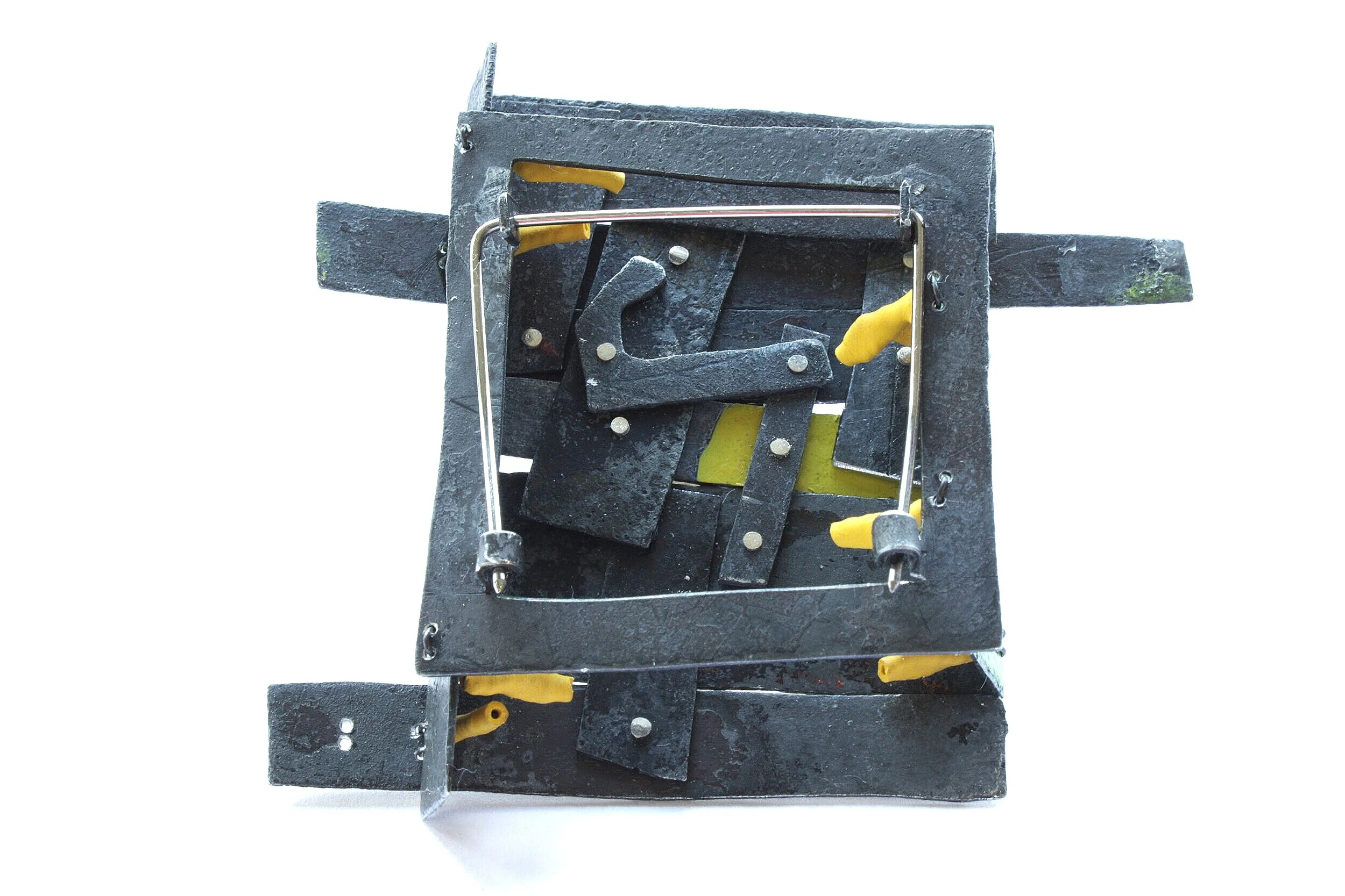 Yellow door /back/ - Kinetic Brooch - Materials: zinc, silver, iron wire, shrinking plastic, paint 