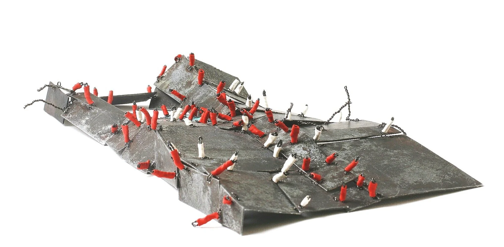 Folding Park - Kinetic Object - Materials: etching plates of other artists, paint, iron wire, shrinking plastic.