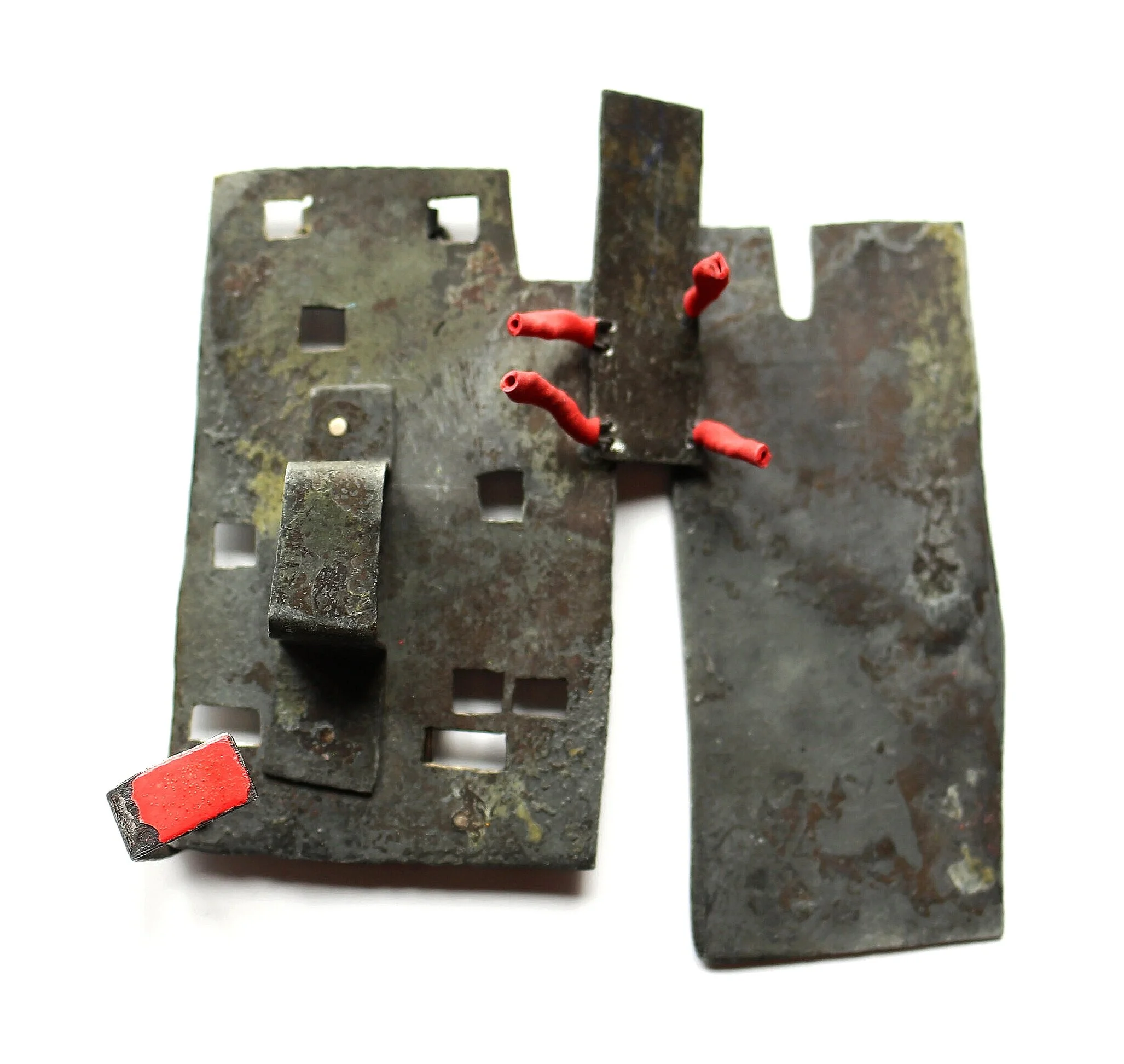 Ladder to the Wall /open/ - Kinetic Brooch - Materials: zinc, paint, shrinking plastic, iron wire, silver