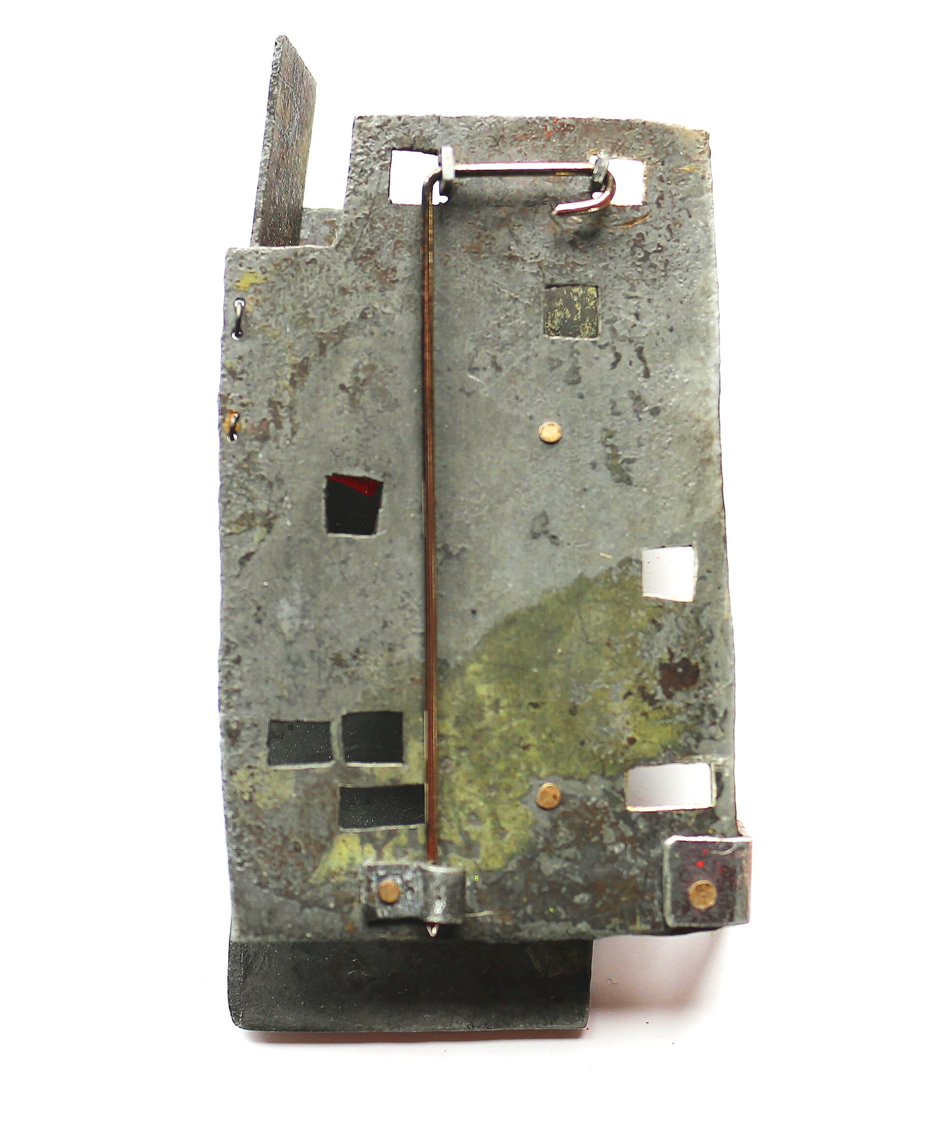 Ladder to the Wall /back/ - Kinetic Brooch - Materials: zinc, paint, shrinking plastic, iron wire, silver
