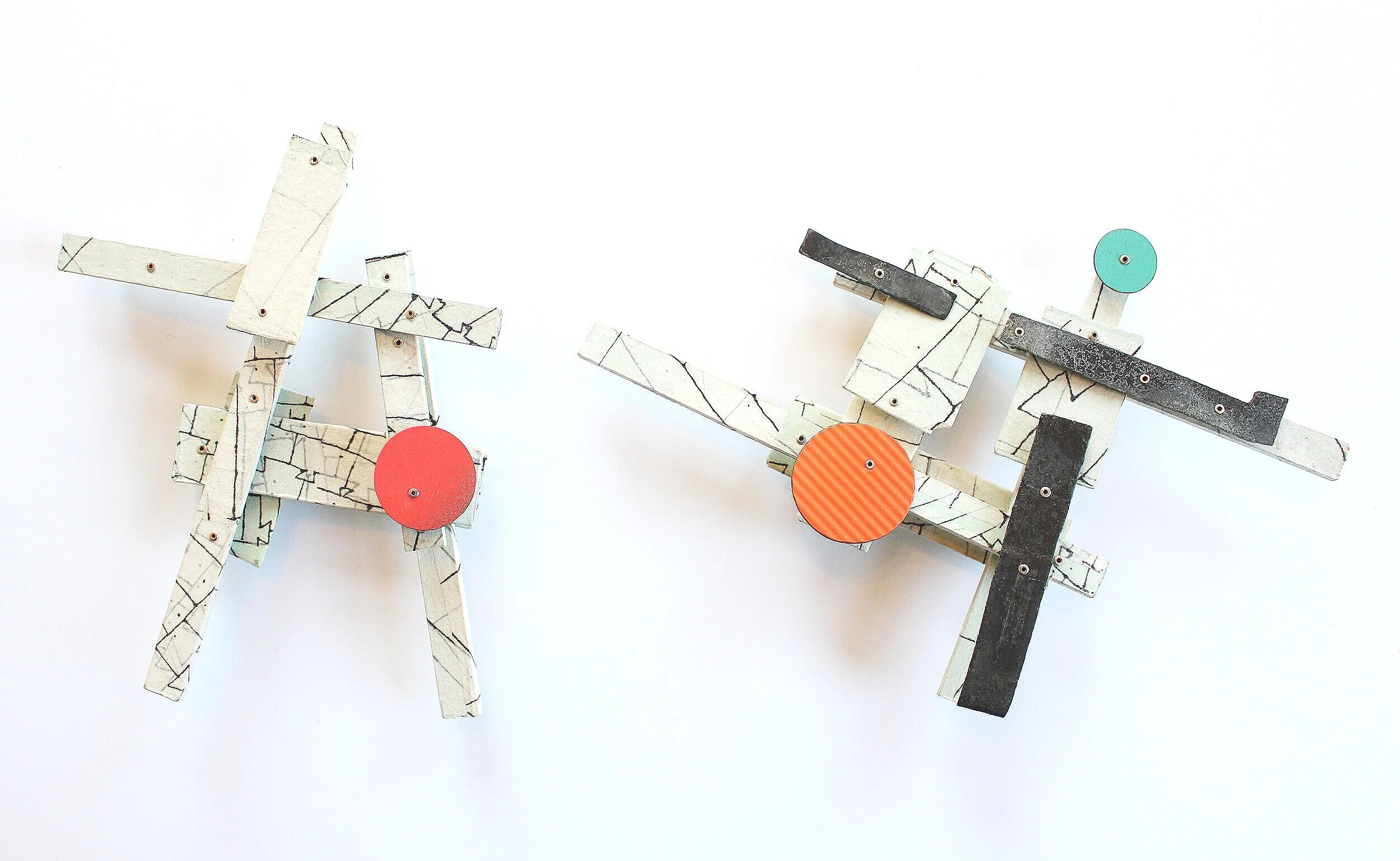 Two brooches 'Letter to Japan I. - II.'  - Materials: Drawings of Indian ink on Mino Washi paper, starch, wood, silver, zinc, laminate, paint