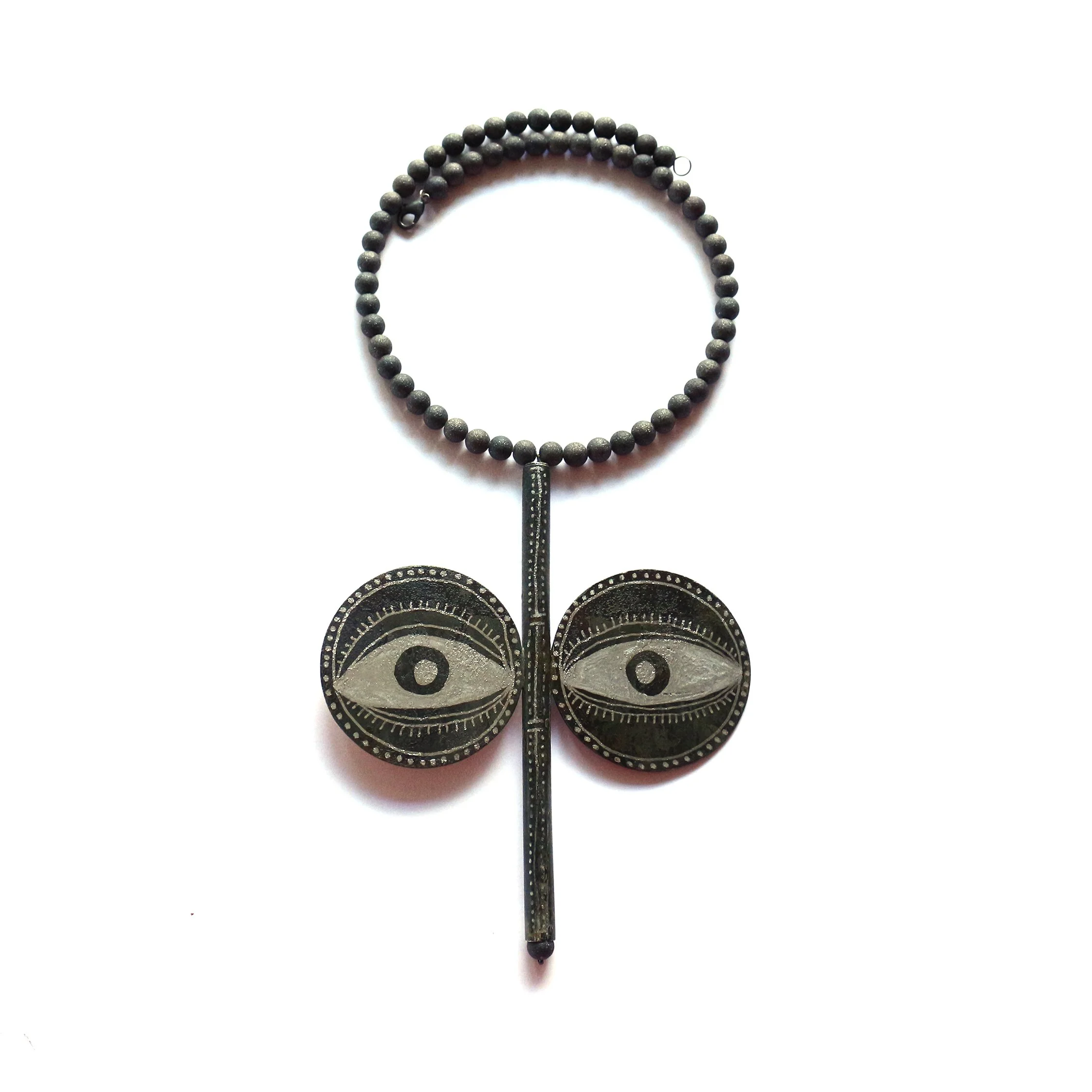 Totem II. - two-sided pendant - Materials: zinc, paint, volcanic beads, memory wire - private collection 