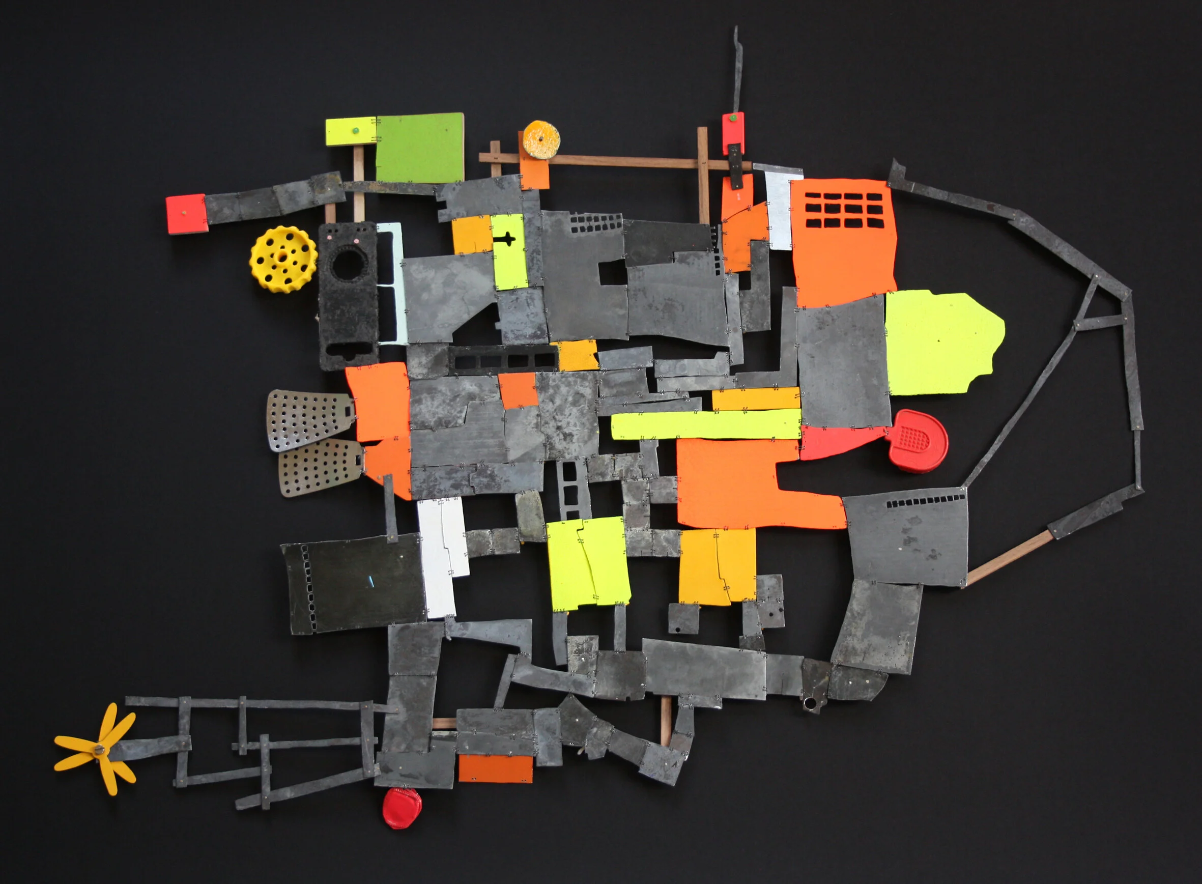 Submarine /Side I./ - Wall Object - Materials:  zinc, wood, found objects, toy parts, paint, iron wire, silver, shrinking plastic - sold