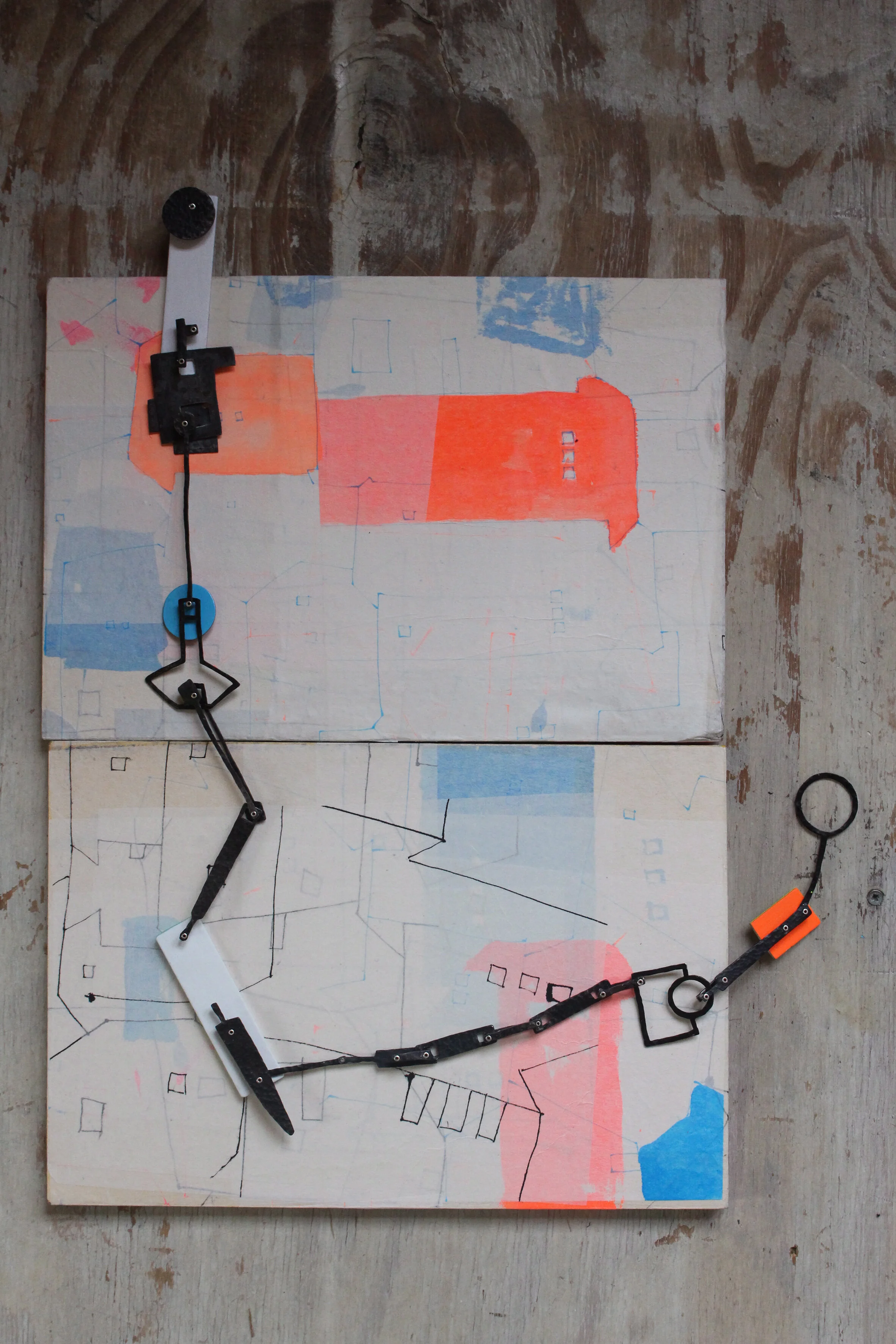 ‘Dragonfly out in the sun
Butterflies all havin’ fun’ – necklace - materials: nacklace: steel, wood, laminate, paint, spray paint, silver
wooden panel: old traffic signs, Japenese paper ‘batik’, Indian ink, acrylic ink, starch