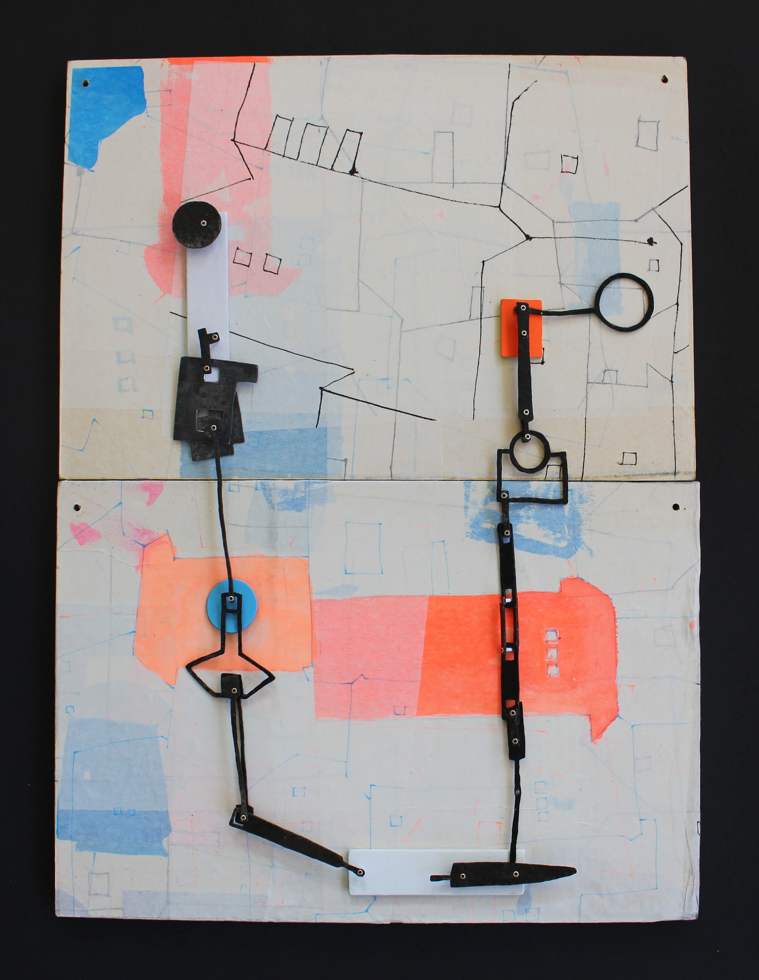 ‘Dragonfly out in the sun
Butterflies all havin’ fun’ – necklace - materials: nacklace: steel, wood, laminate, paint, spray paint, silver
wooden panel: old traffic signs, Japenese paper ‘batik’, Indian ink, acrylic ink, starch - sold