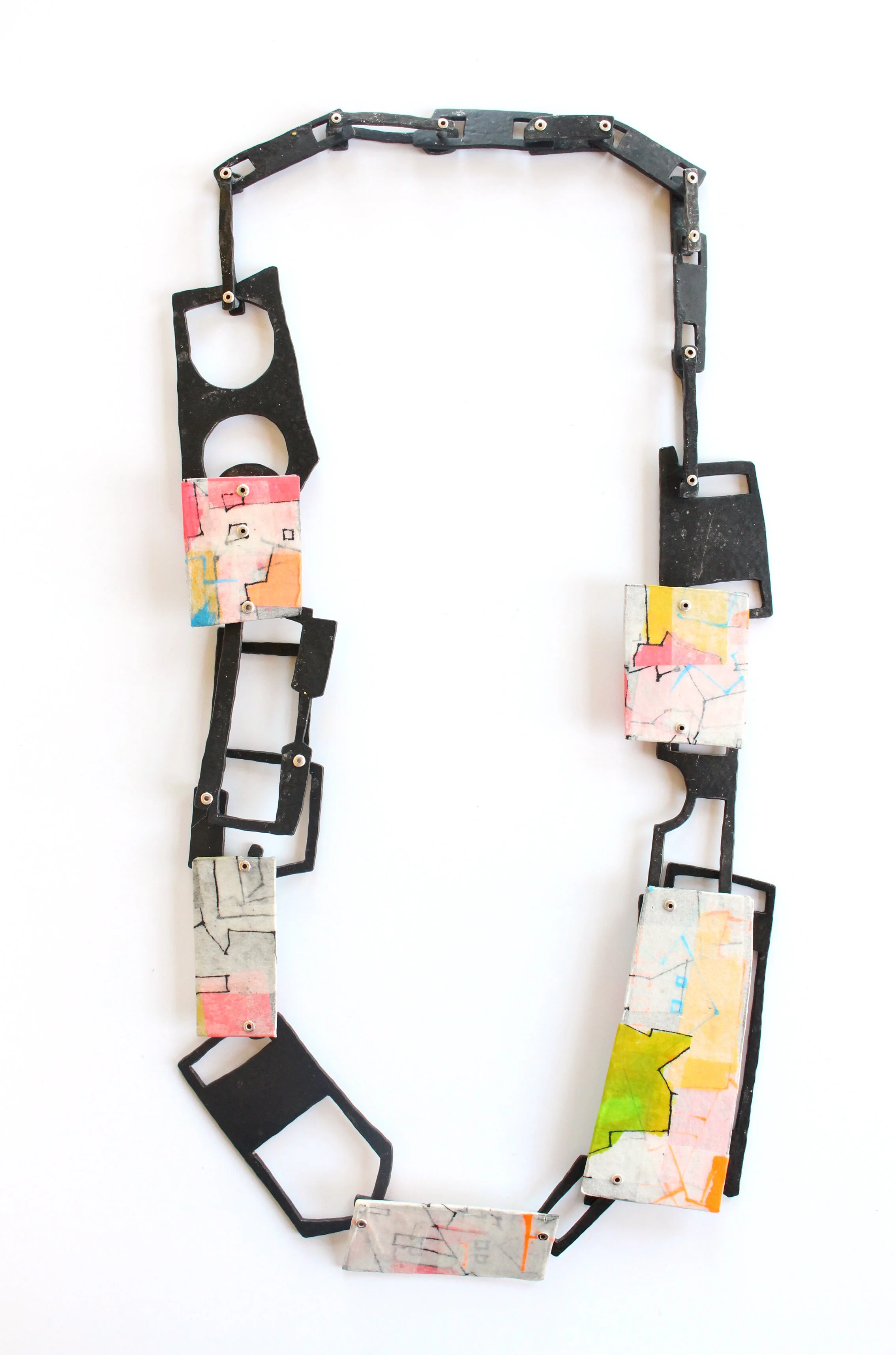 Sun in the sky, breeze driftin' on by - necklace - materials: steel, Japanese paper, acrylic ink, Indian ink, silver, wood, zinc, starch - sold
