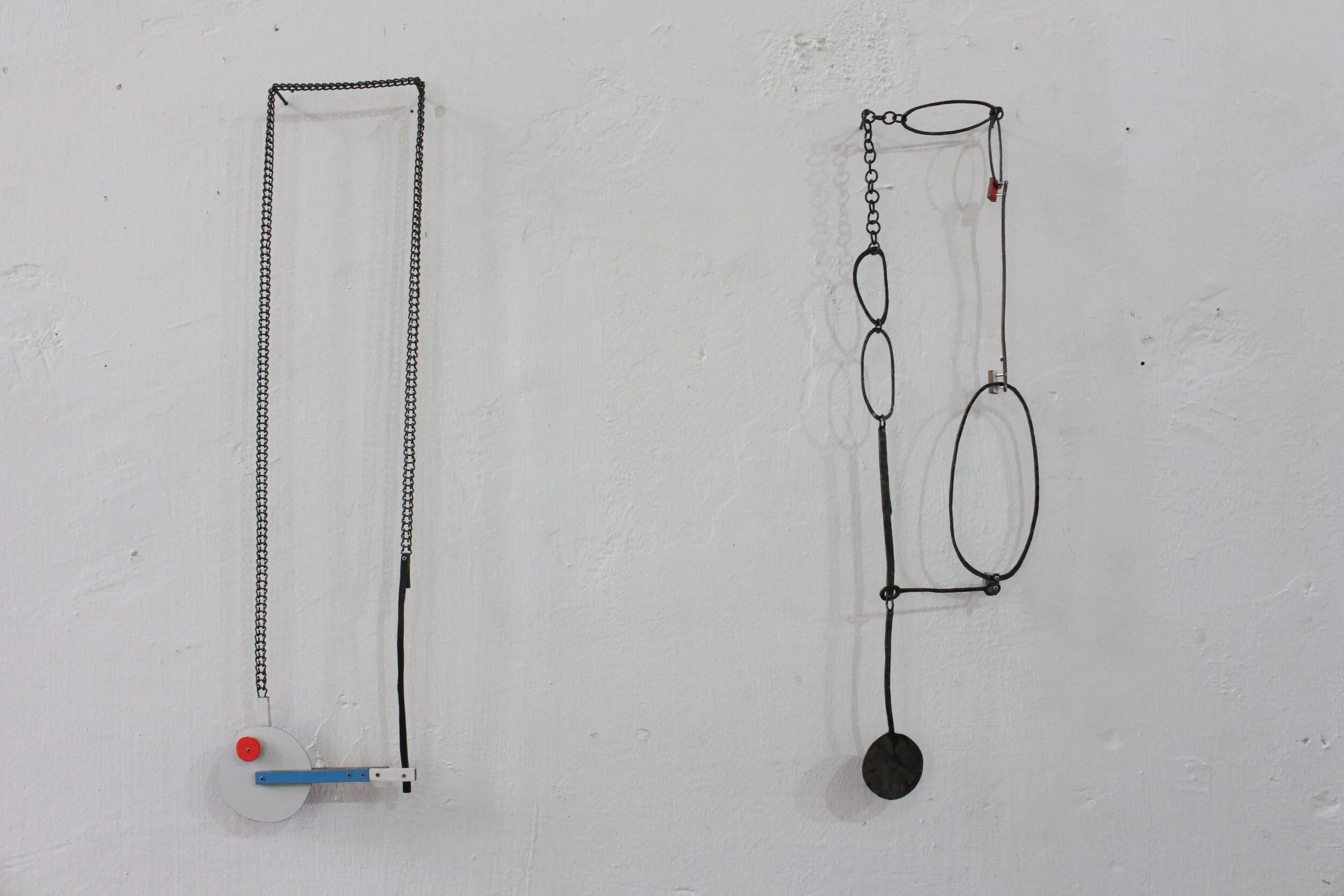 left : Locomotive - Gozmasina (Steammachine) - 2012 - Materials: silver, wood, enamelled steel, etched zinc, Meccano chain - sold // right: Portrait - 2013 - Materials: silver, blackened steel, wood, aluminium, paint - sold