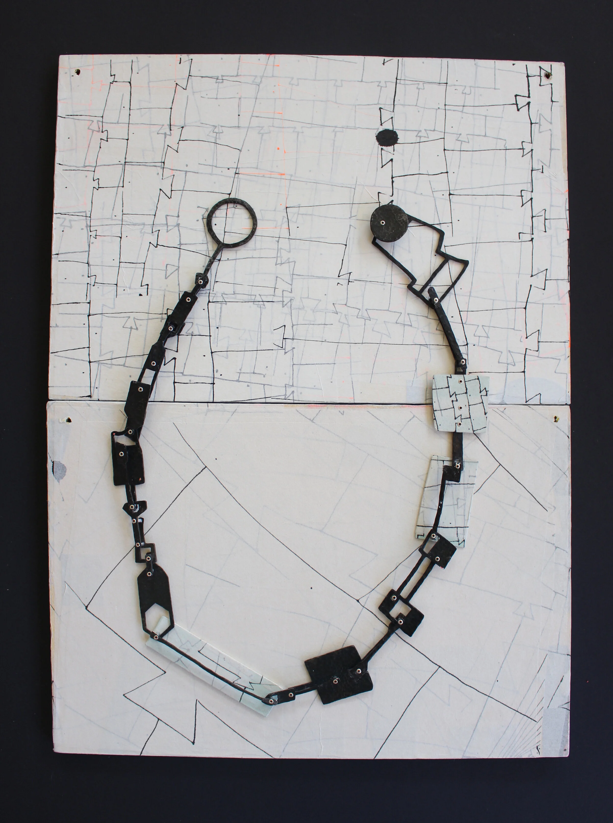 Fish in the sea, river running free, Blossom on the tree - necklace - materials necklace: steel, Japanese paper, starch, Indian ink, silver, wood, zinc 
materials wooden panel: old traffic signs, Japanese paper ‘batik’, Indian ink, acrylic ink, starc