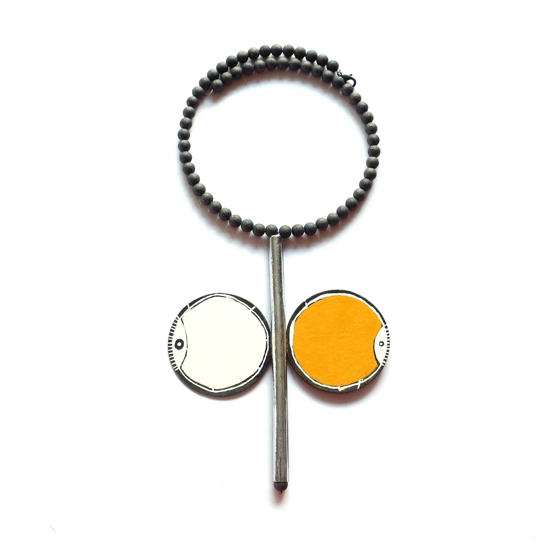 Totem II. - two-sided pendant - Materials: zinc, paint, volcanic beads, memory wire - private collection 