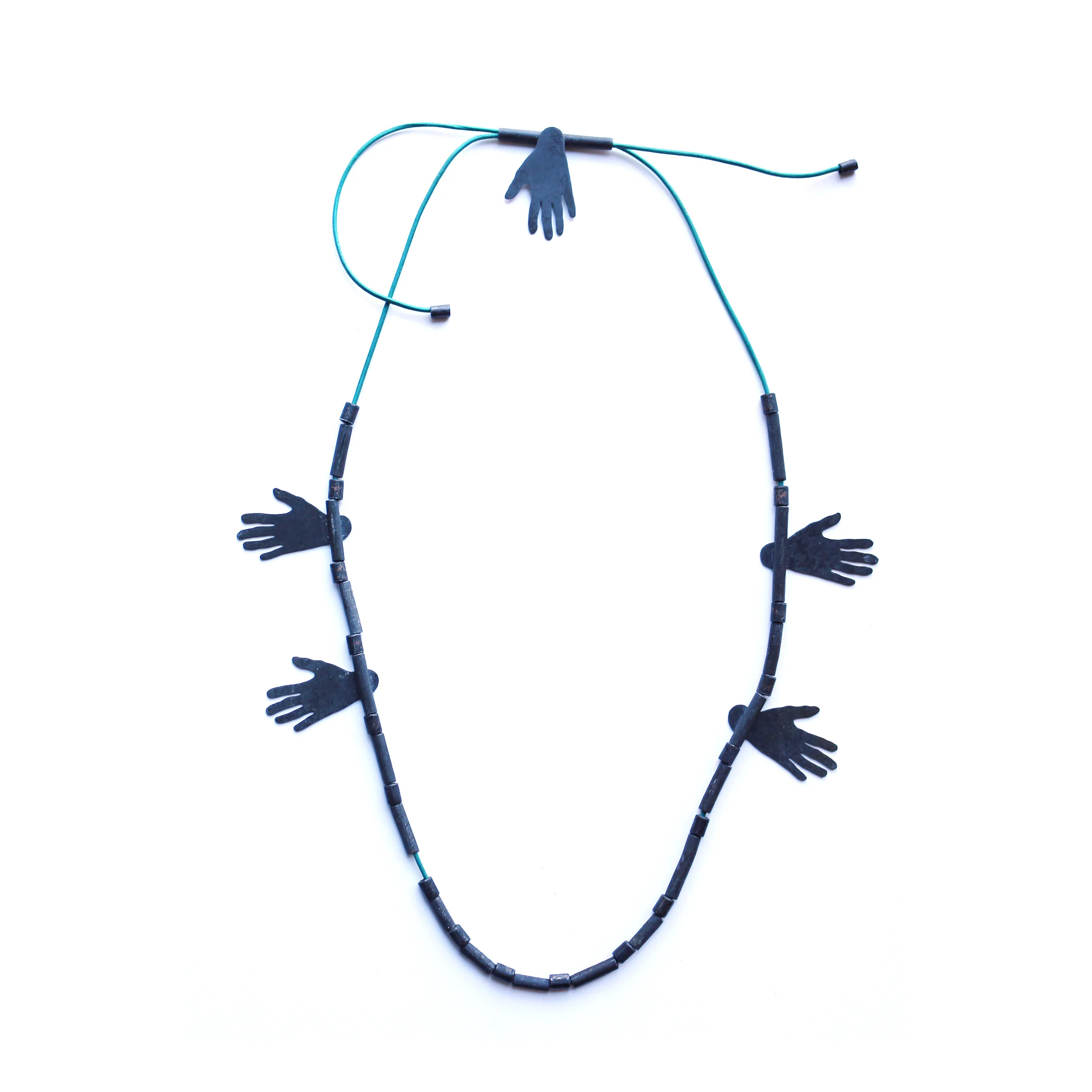 Hug IV. unique multiple - Materials: zinc, beads of zinc, steel beads, leather rope - private collection