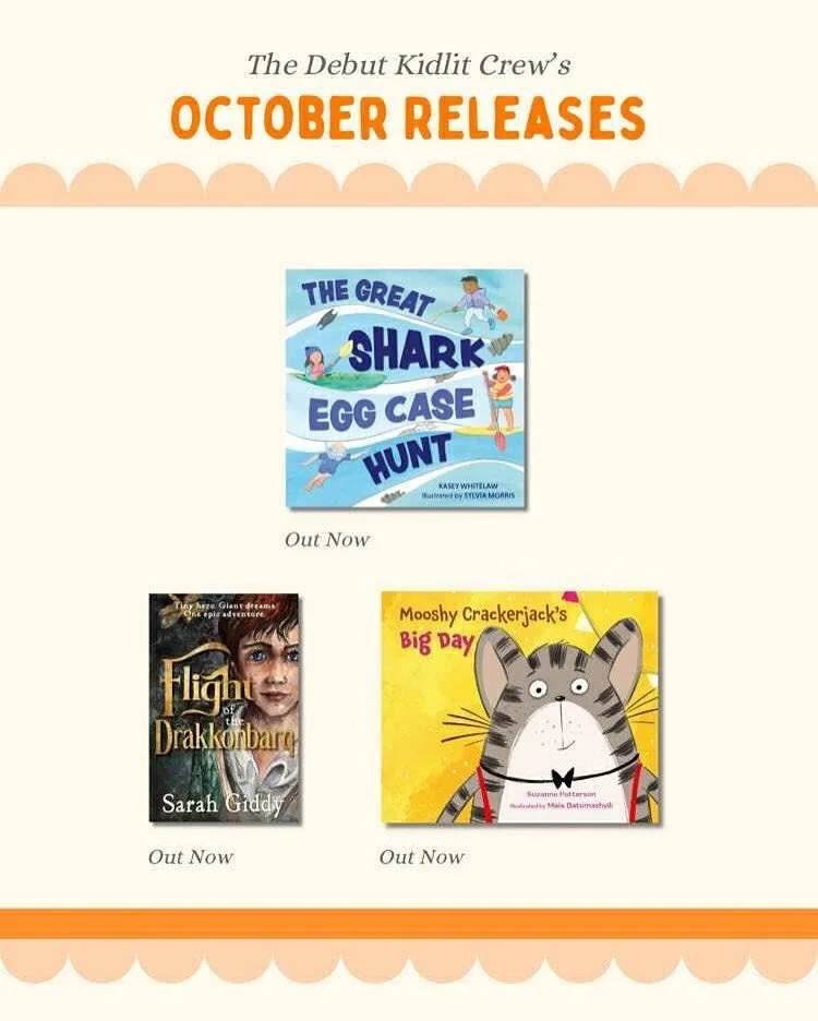 Congratulations to these wonderful October releases from the #debutkidlitcrew2025 ✨✨
📚The Great Shark Egg Case Hunt by @seakidsalliance and @sylvia_morris 
📚Flight of Drakkombarn by @sarahgiddy.artist 
📚Mooshy Crackerjack’s Big Day by @su